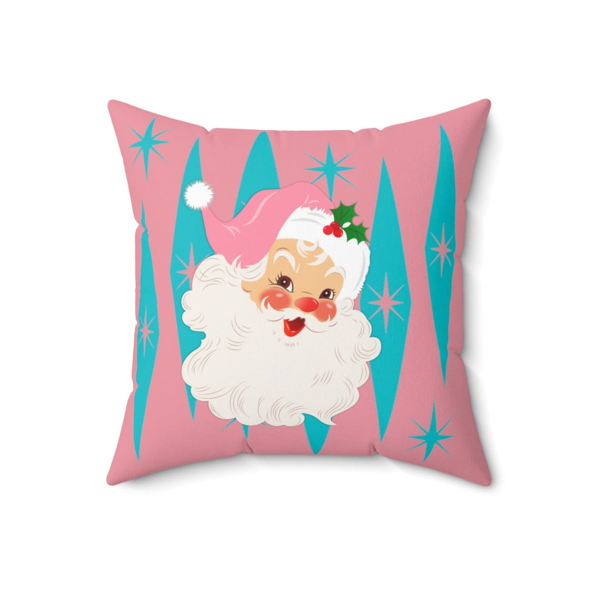 Mid Century Modern Christmas Smiling Vintage Santa, Pink, Aqua Blue Pillow And Insert Home Decor 18" × 18"