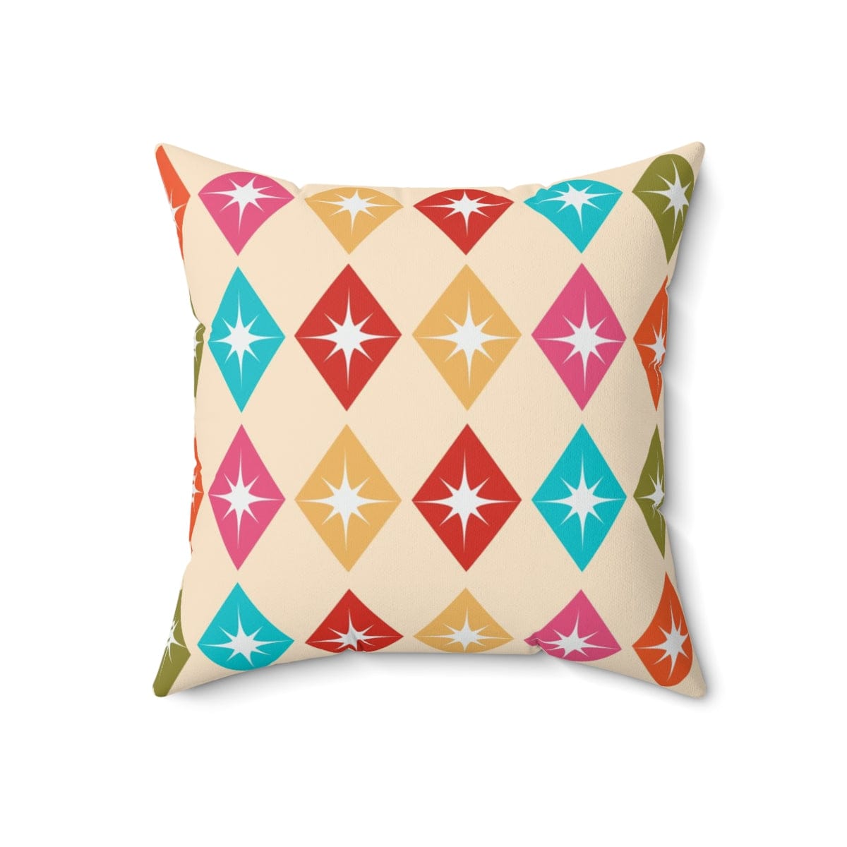 Mid Century Modern, Retro Harlequin Diamonds, Hot Pink, Yellow, Orange, Verde Green, Turquoise Blue Beige MCM Pillow And Insert Home Decor 18" × 18"