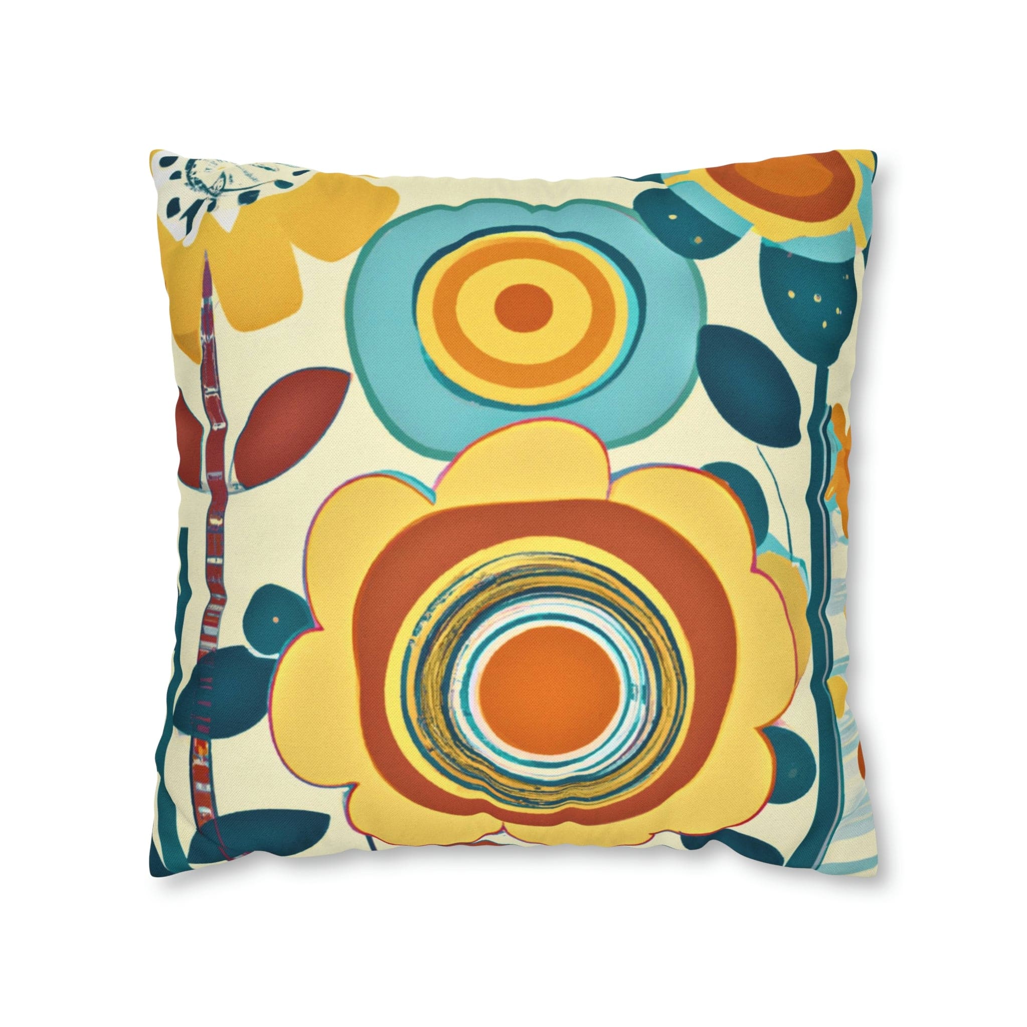 Modern Scandinavian, Floral, Folk Art, Turquoise, Yellow, Rust, Retro Pillow Case Home Decor 18" × 18"