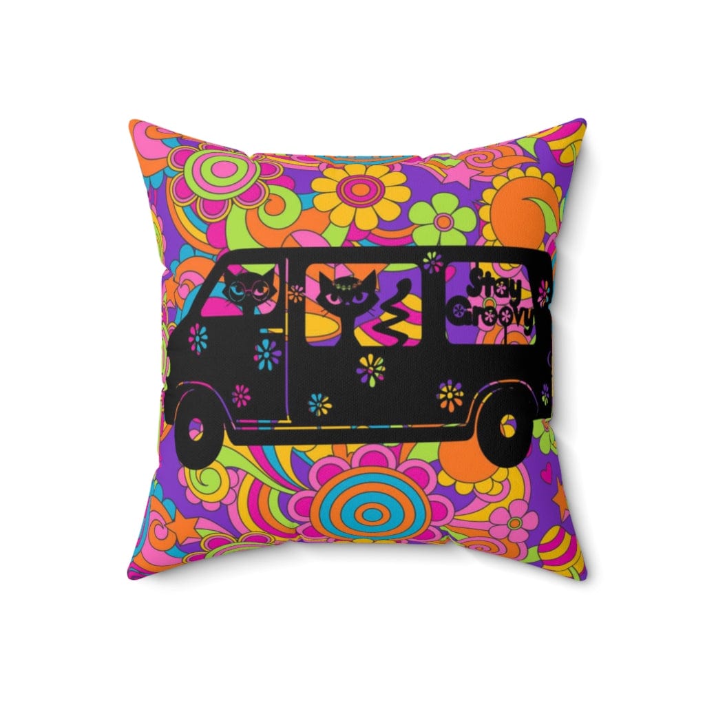 Stay Groovy, Hippie 70's Van, Atomic Cats, Magic Mushroom, Purple, Pink, Blue, Hipster Dorm Throw Pillows Home Decor 18" × 18"
