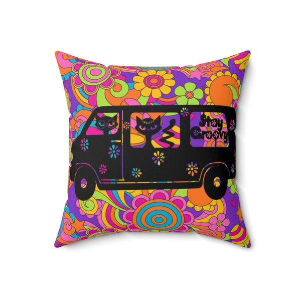 Stay Groovy, Hippie 70's Van, Atomic Cats, Magic Mushroom, Purple, Pink, Blue, Hipster Dorm Throw Pillows