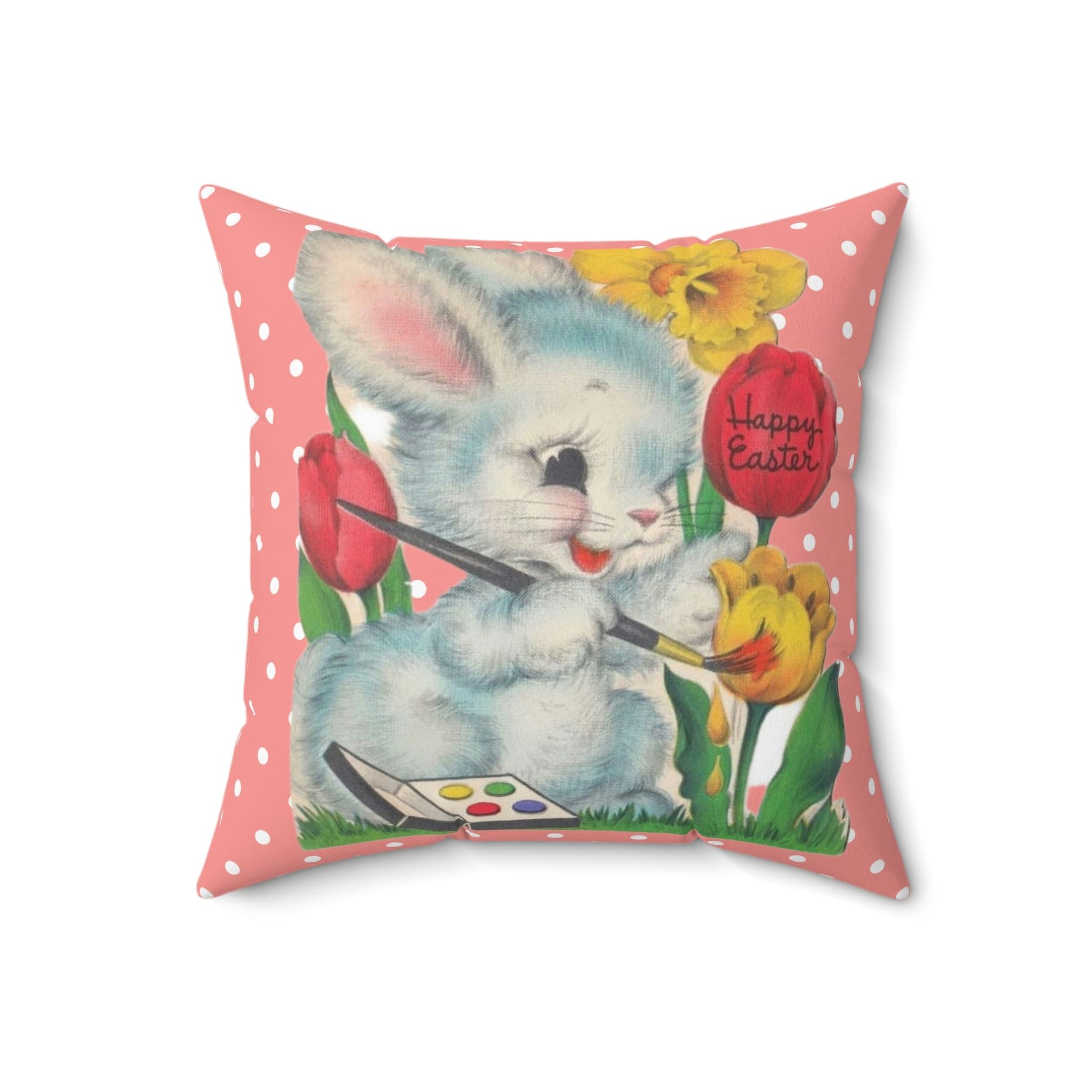 Vintage Easter Card Anthropomorphic Bunny, Happy Easter, Tulips, Kitschy Cute Easter Bunny Artist, Retro Spring Pillow And Insert Home Decor 18" × 18"