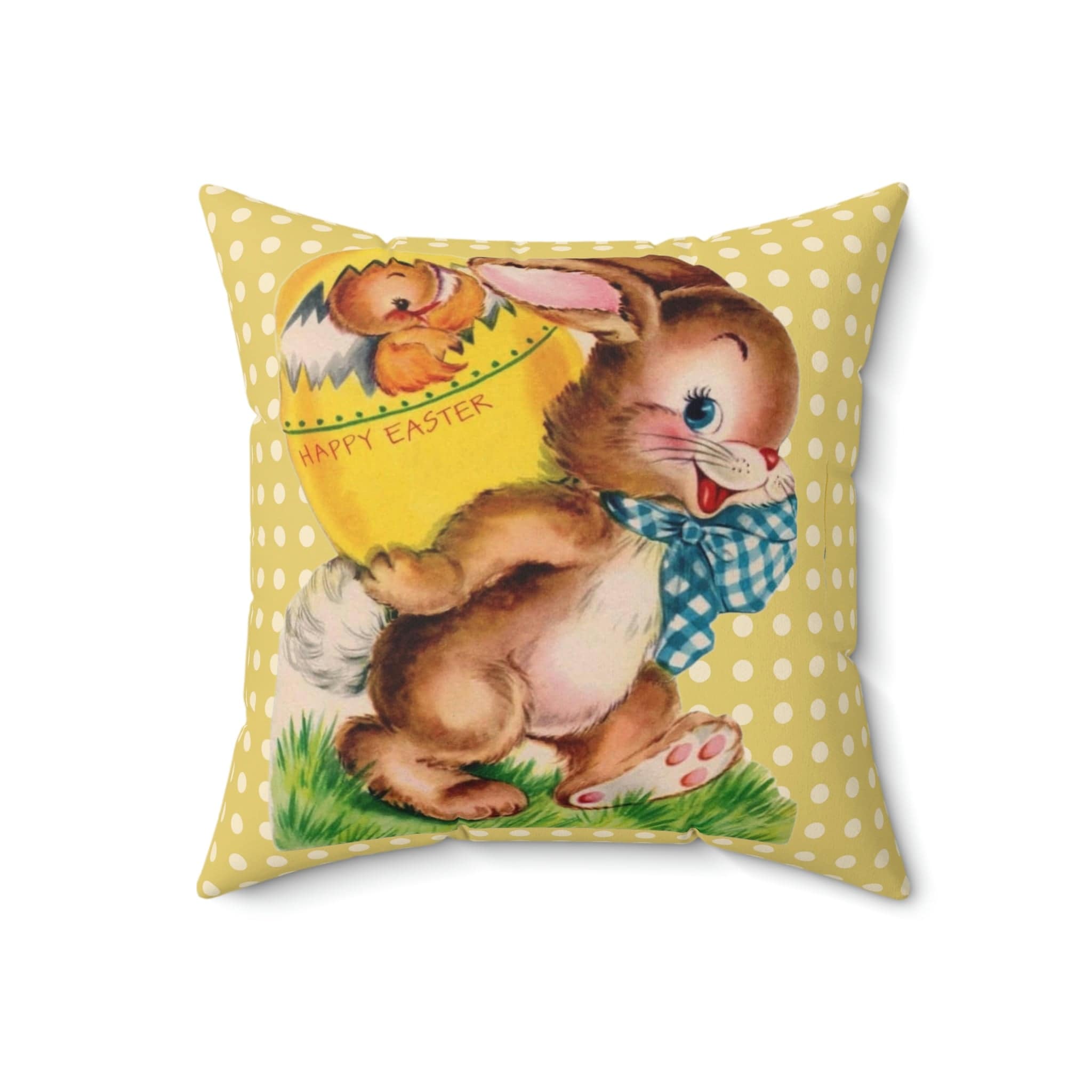 Vintage Easter Card Anthropomorphic Bunny, Happy Easter, Yellow Polka Dot, Hatching Chick In Egg, Spring, Easter, Retro Pillow And Insert Home Decor 18" × 18"
