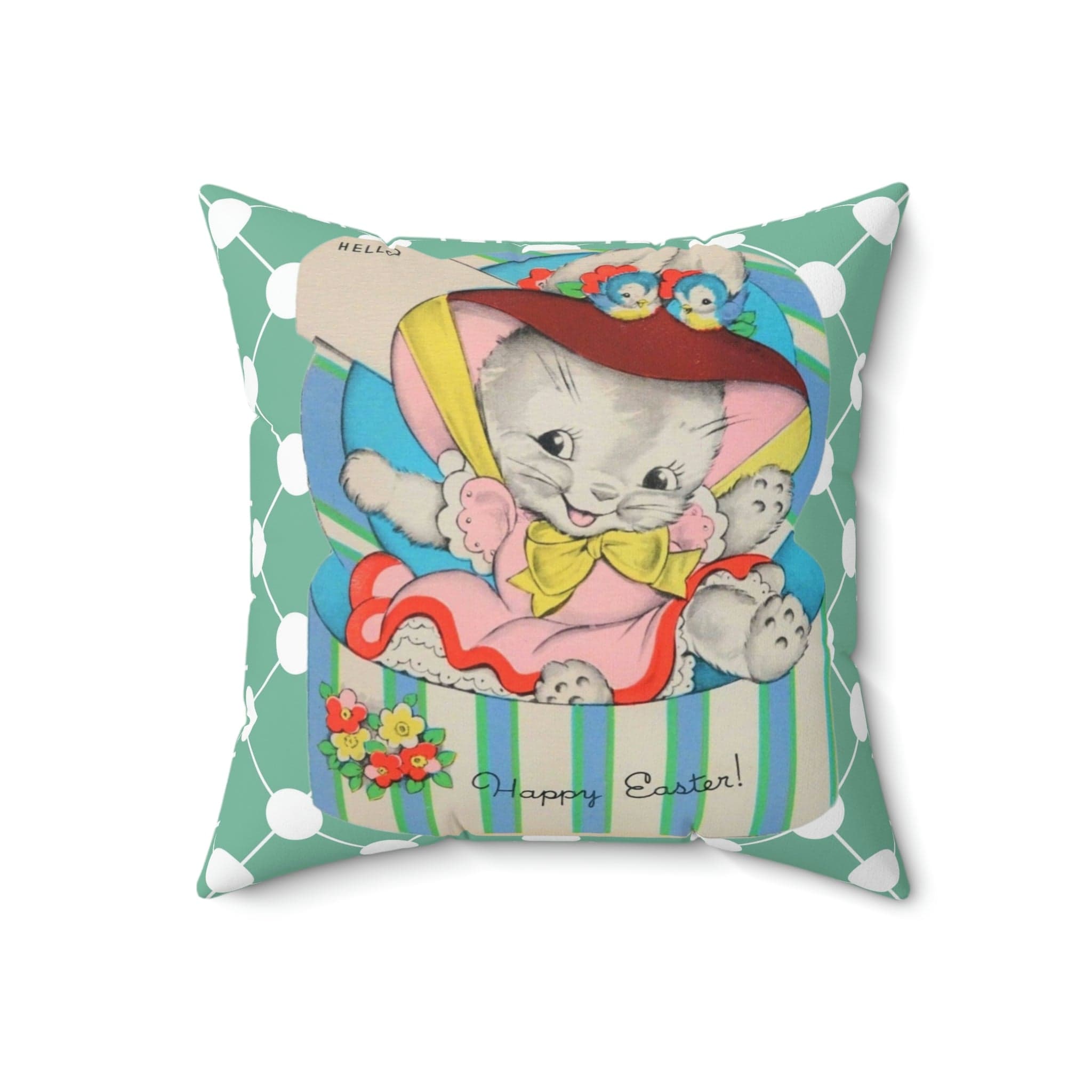 Vintage Easter Card Anthropomorphic Bunny In Hat Box, Aqua Blue, Teal Pink Bonnet, Happy Easter Retro Style Spring Pillow And Insert Home Decor 18" × 18"