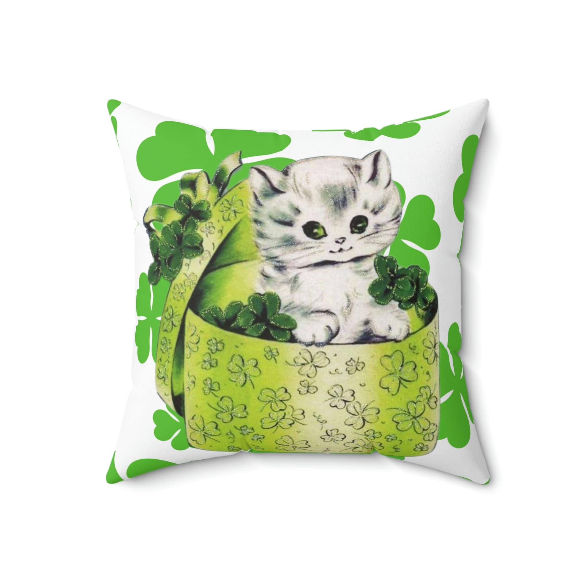Vintage Irish Card, White Kitschy Cute Kitten, Hat Box, Green, White, Shamrock, Saint Patrick&