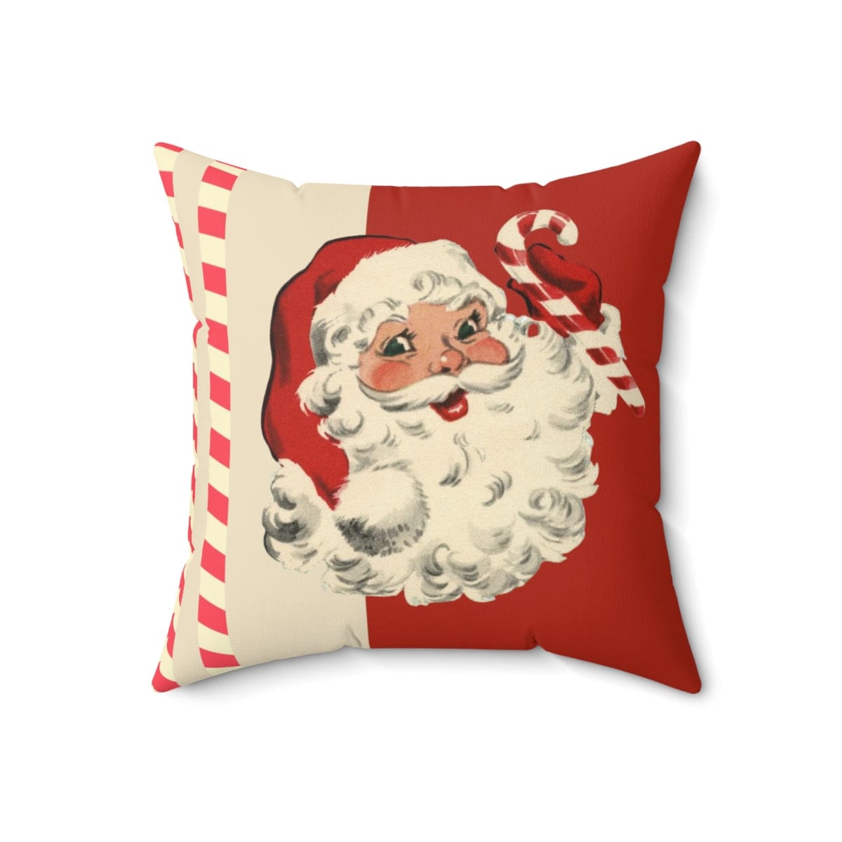 Vintage Santa Claus, Retro Christmas, Mid Century Modern Holiday, Cranberry Red, Beige, Candy Cane Stripe, Pillow And Insert Home Decor 18" × 18"