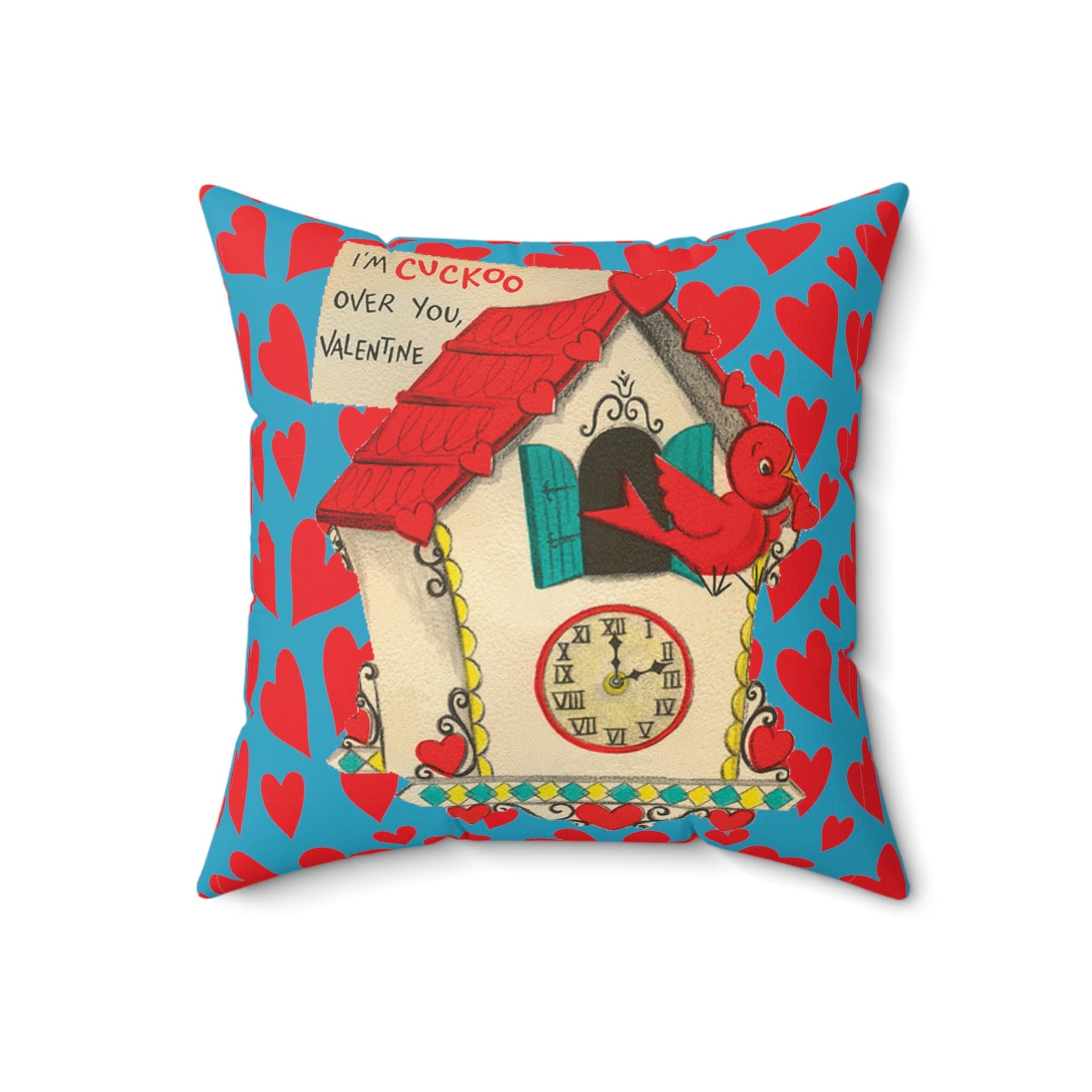 Vintage Valentine, Cuckoo Clock, Birdie, Kitschy Retro Valentine Mod Pillow And Insert Home Decor 18" × 18"