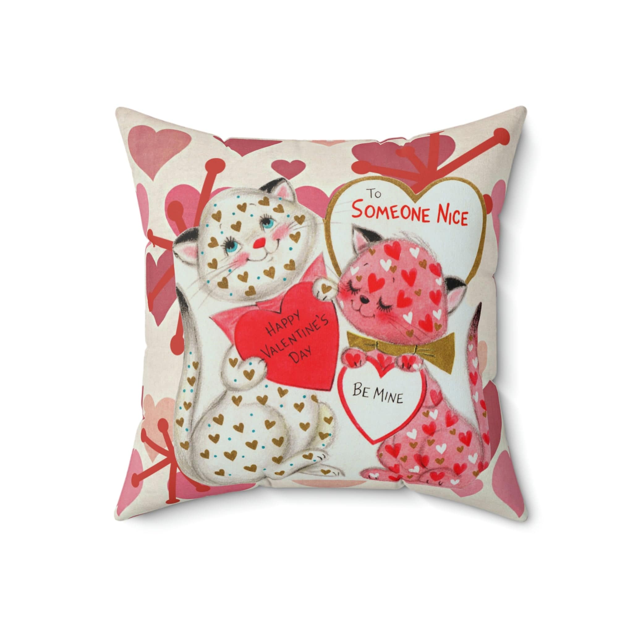 Vintage Valentine, KIttie Cat, Love, Be My Valentine, Hearts, Aged, Kitschy Cute, Valentine Pillow And Insert Home Decor 18" × 18"