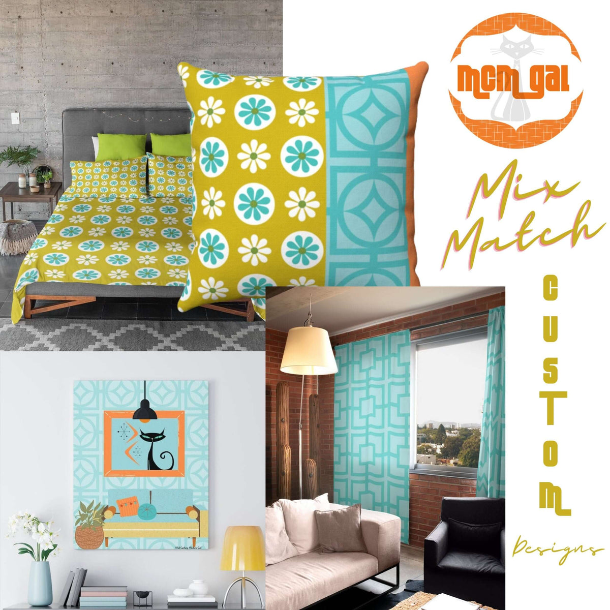 1970's Modern Daisy Retro Floral Flower White, Turquoise Blue, Lime Green Mid Century MCM Home Microfiber Duvet Cover