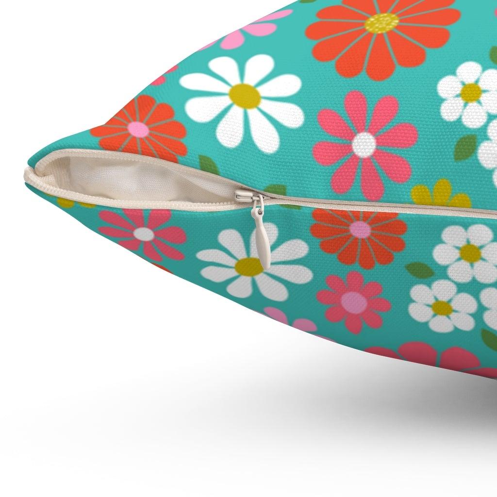 1970s Funky Retro Turquoise, Pink, White Daisy Flower Modern, 70s Décor Spun Polyester Square Pillow Home Decor