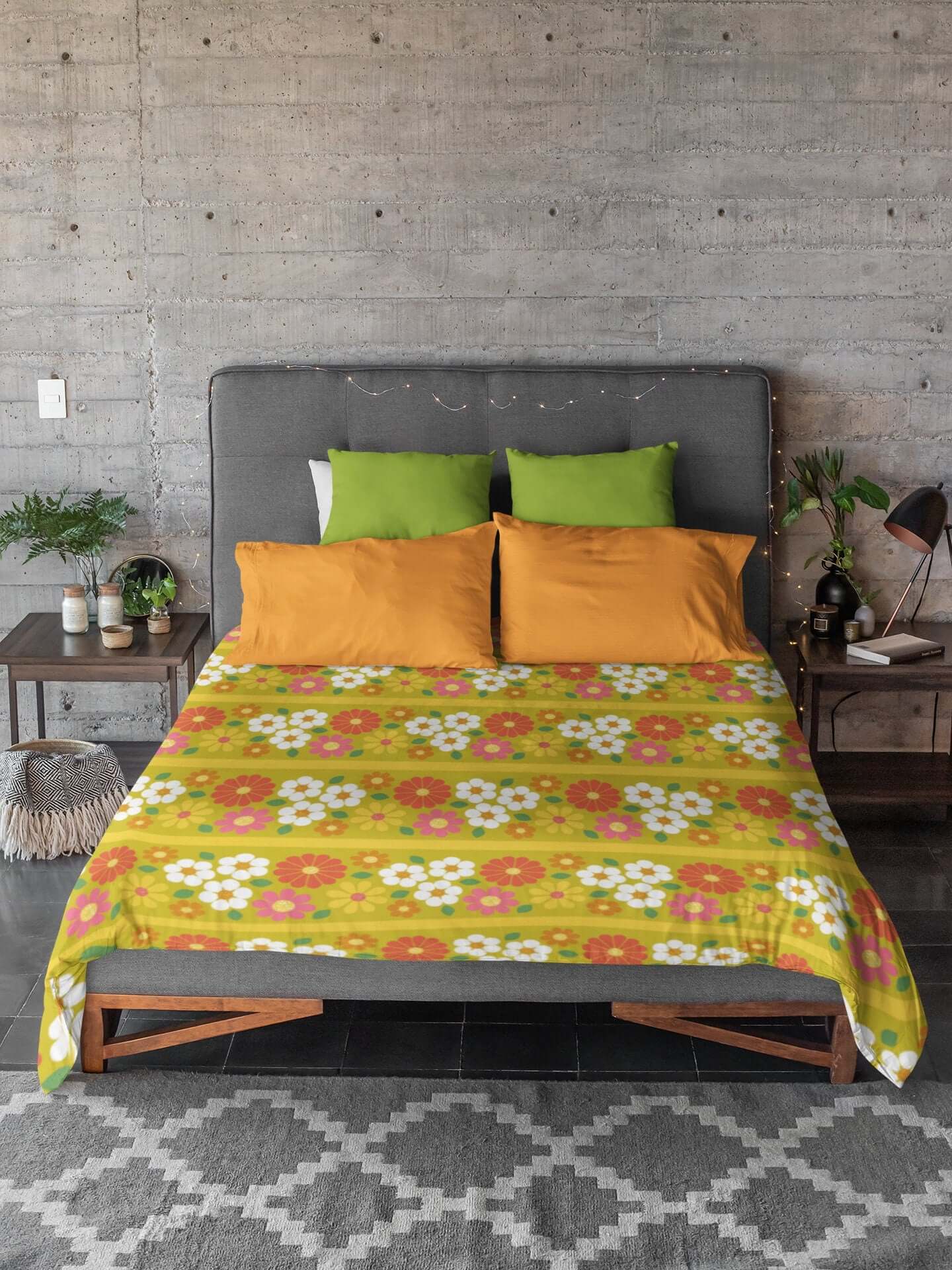 1970s Style Funky Retro Green Mid Century Modern Decor, Bohemian, Mod Groovy Microfiber Duvet Cover