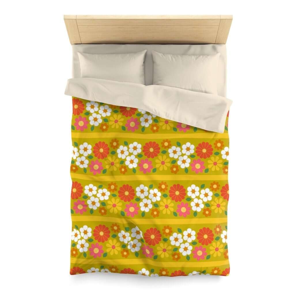 1970s Style Funky Retro Green Mid Century Modern Decor, Bohemian, Mod Groovy Microfiber Duvet Cover
