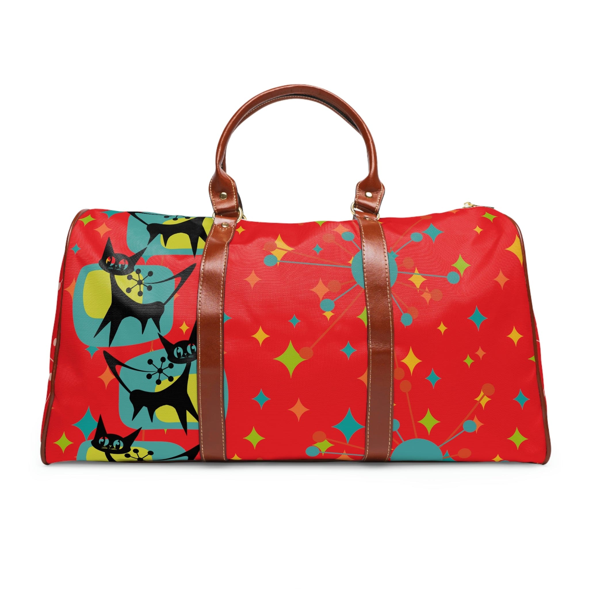 Atomic Cat, Kitschy Cat, Mid Century Modern Red, Starburst, Waterproof Travel Bag Bags 20" x 12" / Brown