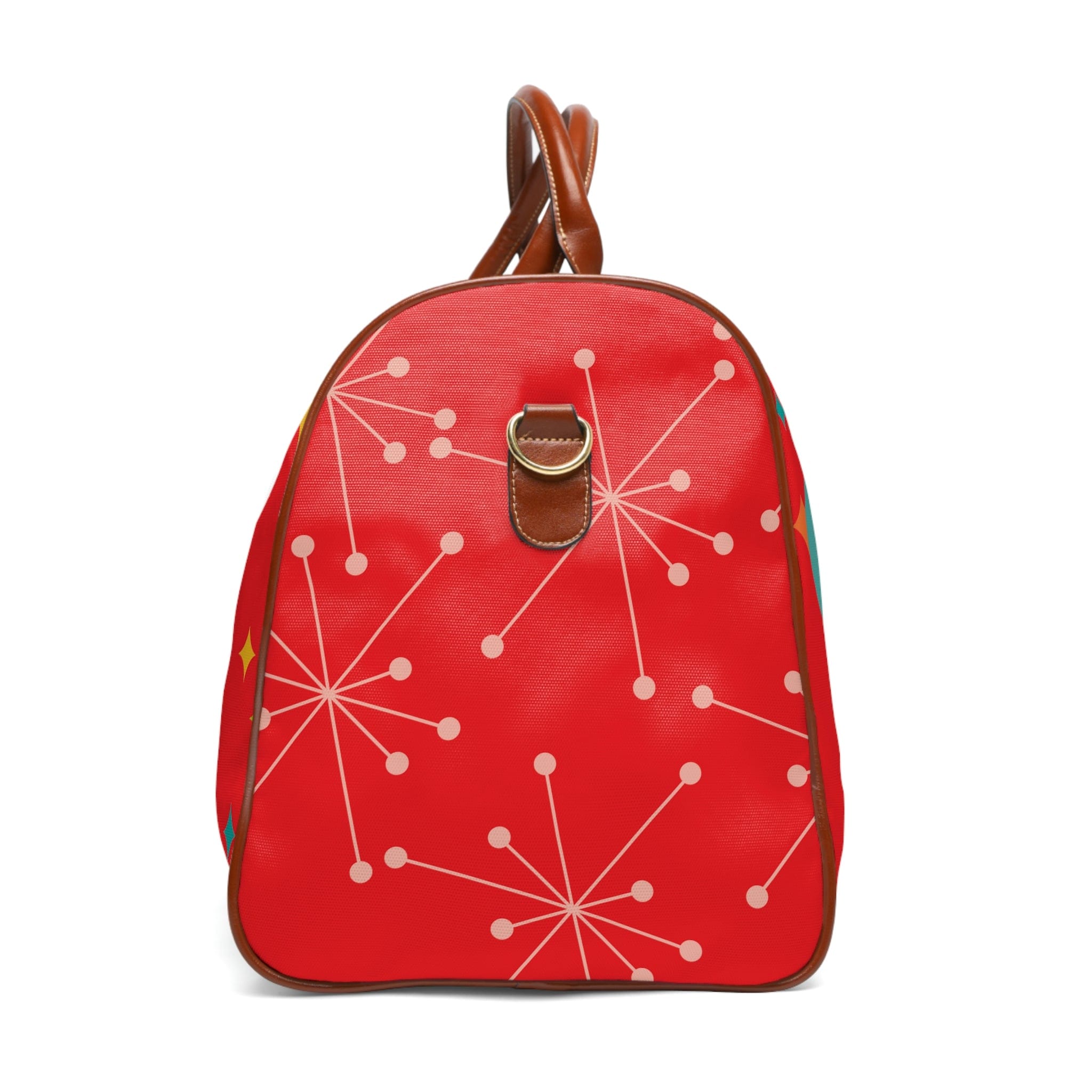 Atomic Cat, Kitschy Cat, Mid Century Modern Red, Starburst, Waterproof Travel Bag Bags 20" x 12" / Brown