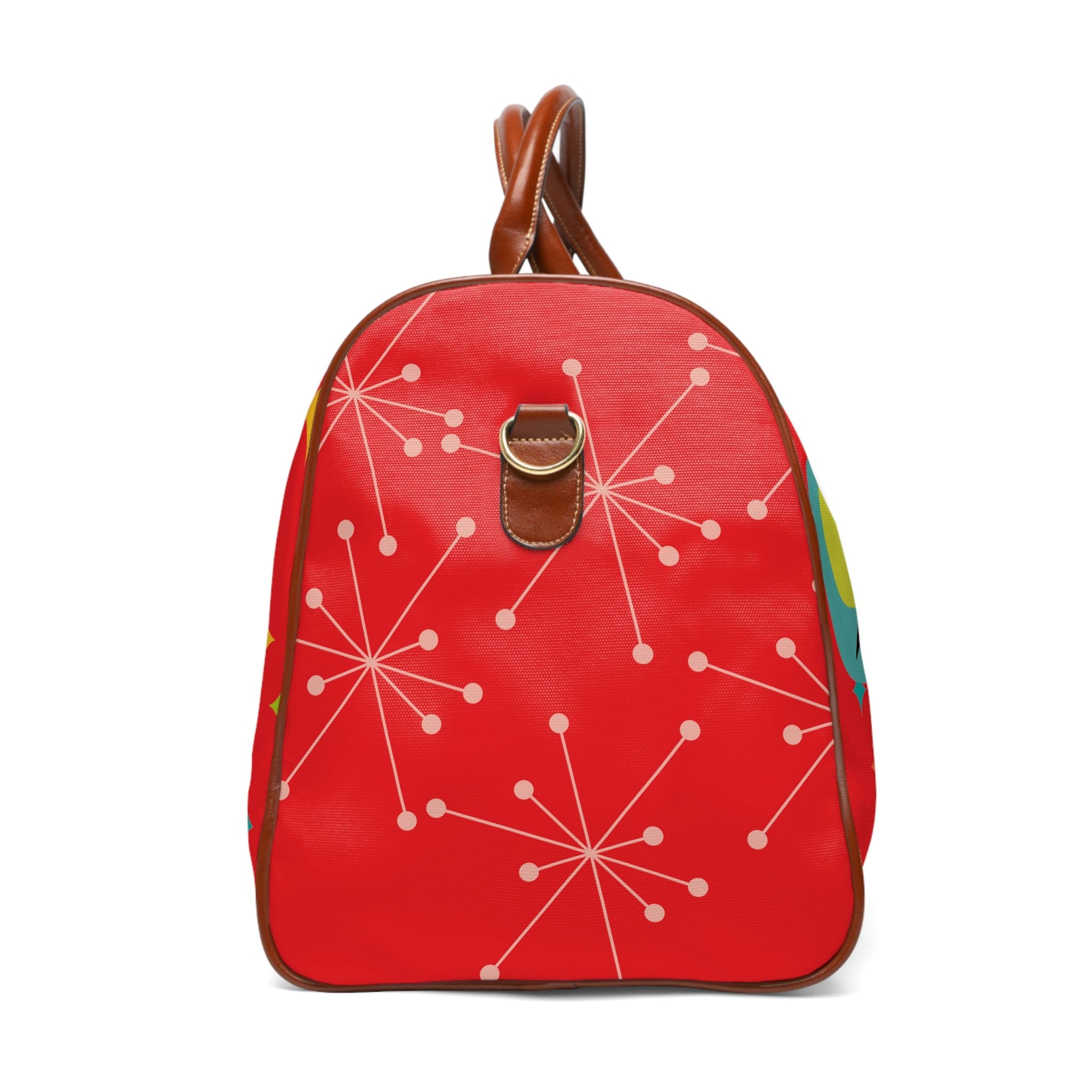 Atomic Cat, Kitschy Cat, Mid Century Modern Red, Starburst, Waterproof Travel Bag Bags 20" x 12" / Brown