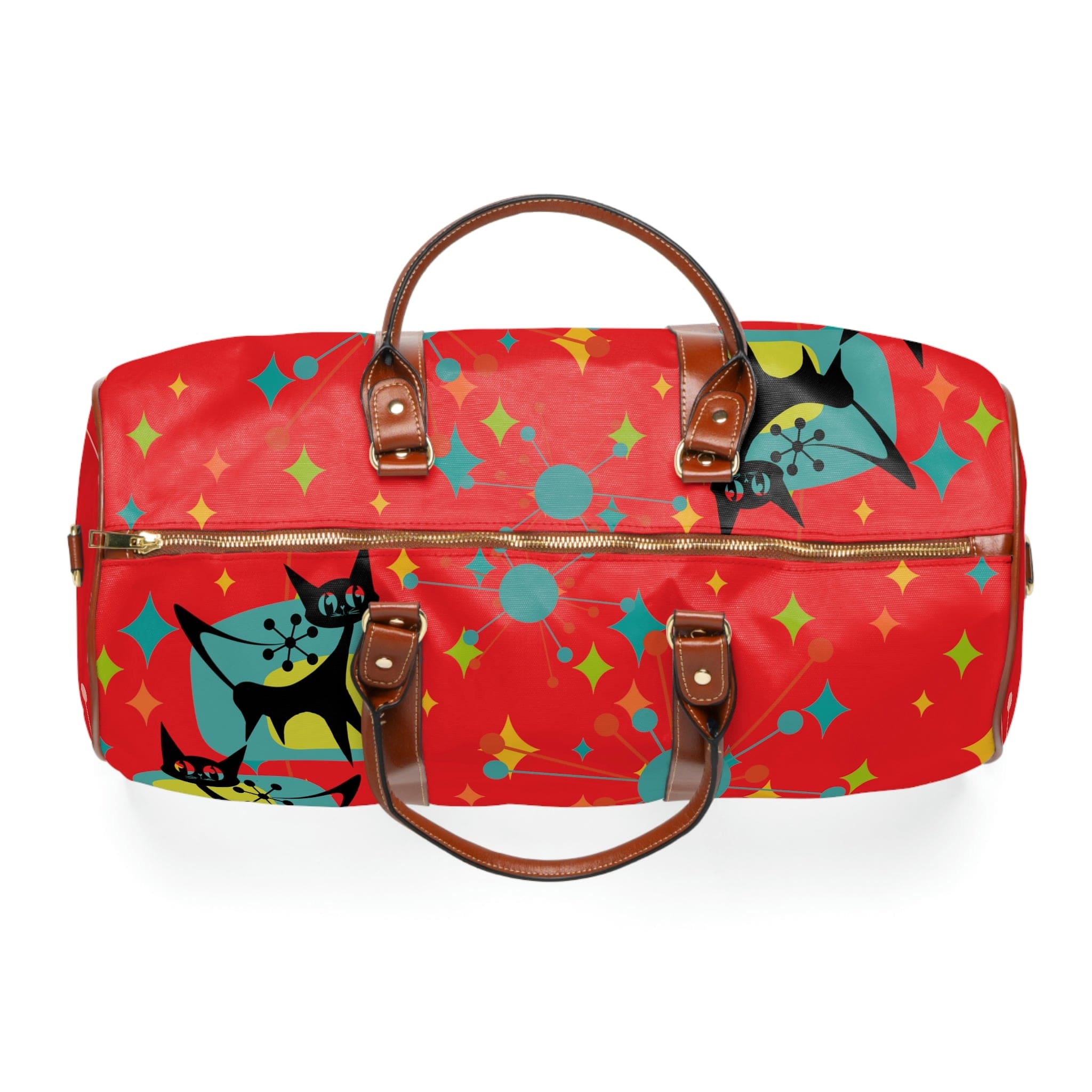 Atomic Cat, Kitschy Cat, Mid Century Modern Red, Starburst, Waterproof Travel Bag Bags 20" x 12" / Brown