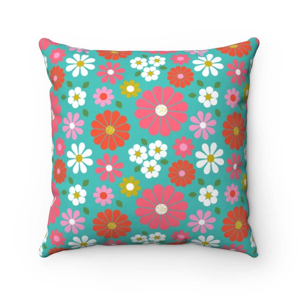 1970s Funky Retro Turquoise, Pink, White Daisy Flower Modern, 70s Décor Spun Polyester Square Pillow Home Decor 20" × 20"