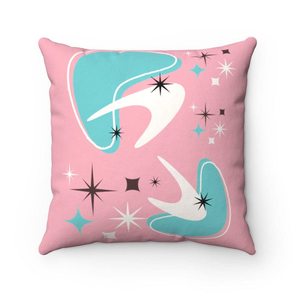 Mid Century Modern Atomic Pink, Boomerang, Aqua Blue, White, Starburst MCM Mid Mod Spun Polyester Square Pillow