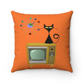 Mid Century Modern Kitschy Atomic Cat, Retro TV, Orange Atomic Clock Mid Mod MCM Home Decor Throw Pillow Home Decor 20" × 20" Mid Century Modern Gal