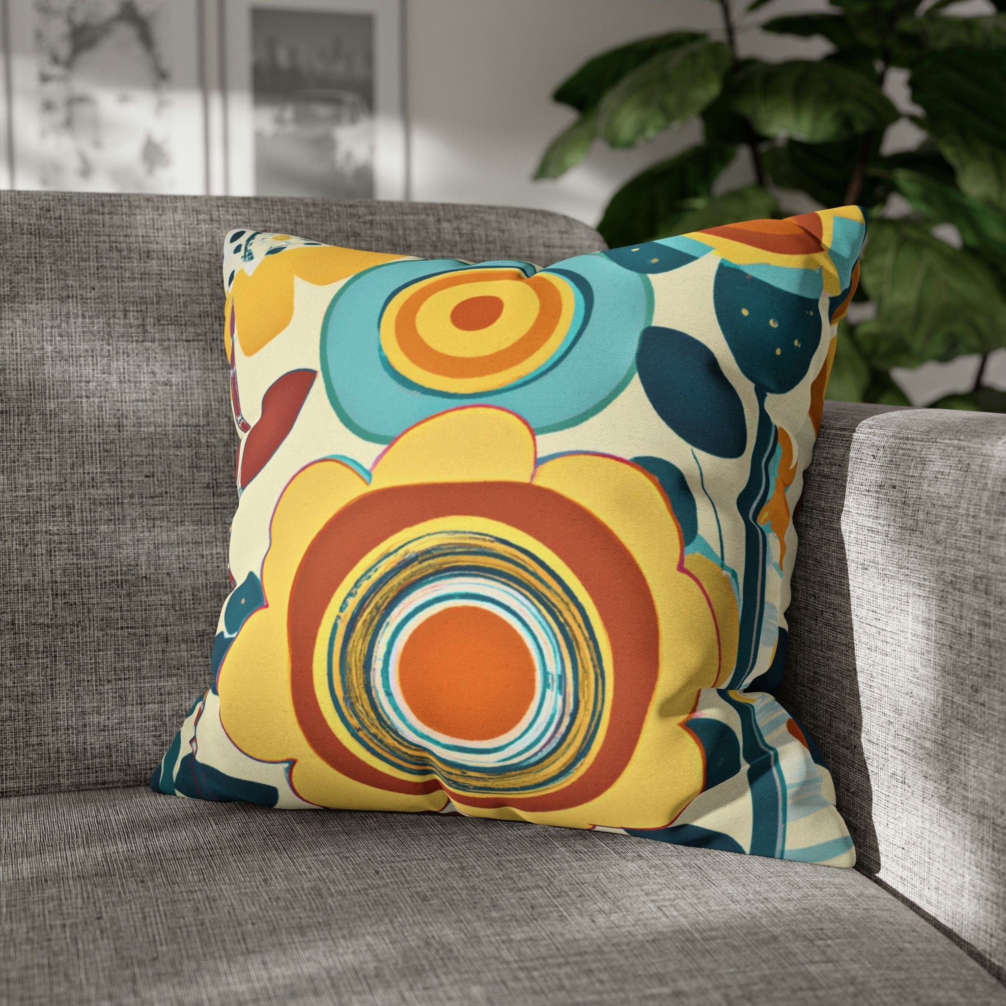 Modern Scandinavian, Floral, Folk Art, Turquoise, Yellow, Rust, Retro Pillow Case Home Decor 20" × 20"