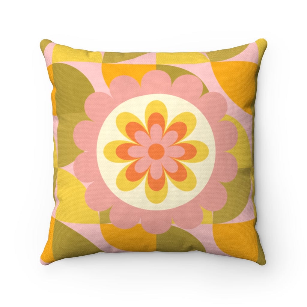 Retro Baby, Toddler, Teen 1970's Groovy, Green, Pink, Flower Power, Hippie Spun Polyester Square Pillow Home Decor 20" × 20"