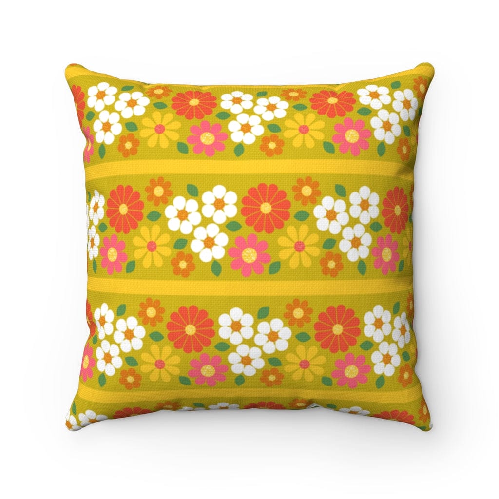Retro Pillow, Daisy Flower Green, Orange White Mid Century Modern Boho 70s Spun Polyester Square Pillow Home Decor 20" × 20"