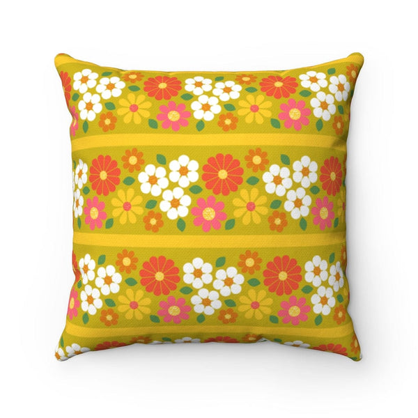 Retro Pillow, Daisy Flower Green, Orange White Mid Century Modern Boho 70s Spun Polyester Square Pillow