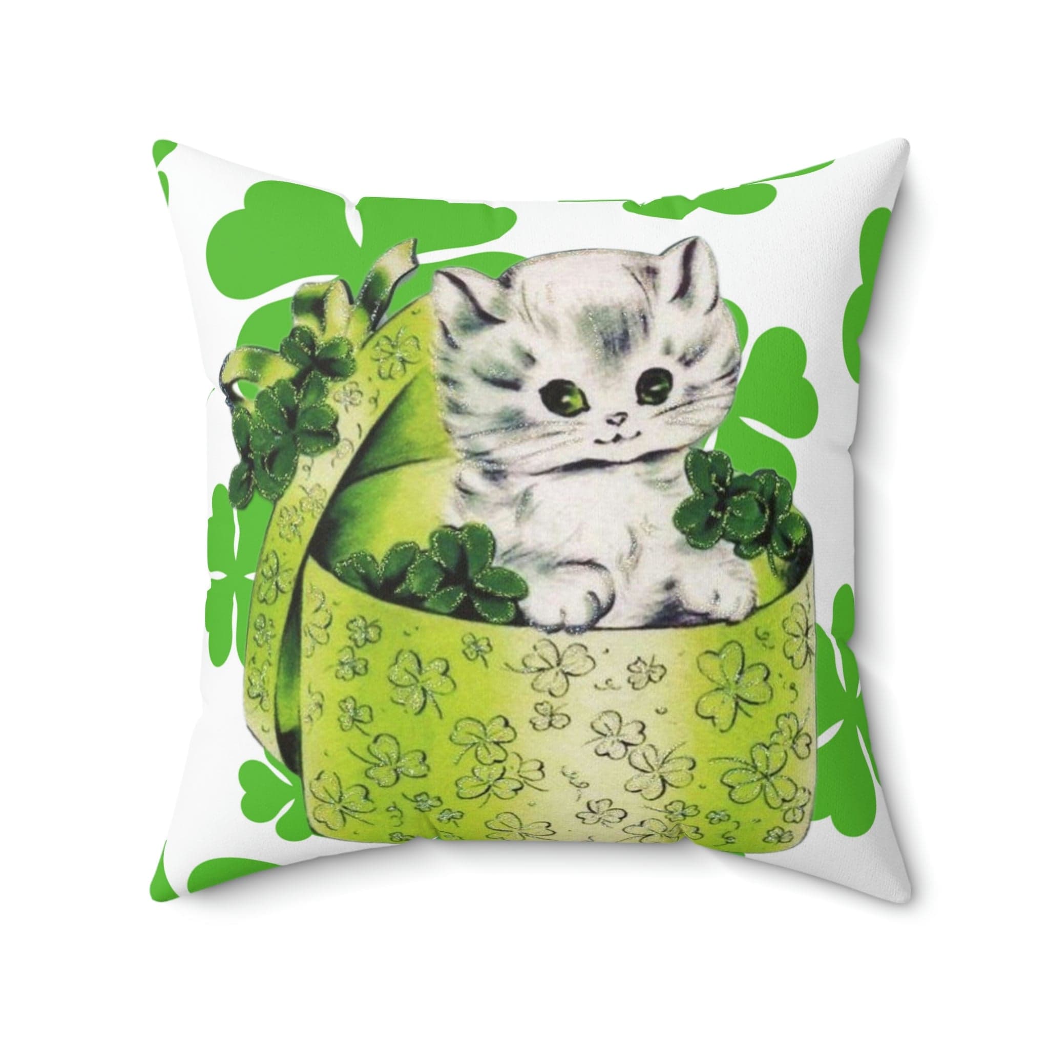 Vintage Irish Card, White Kitschy Cute Kitten, Hat Box, Green, White, Shamrock, Saint Patrick&