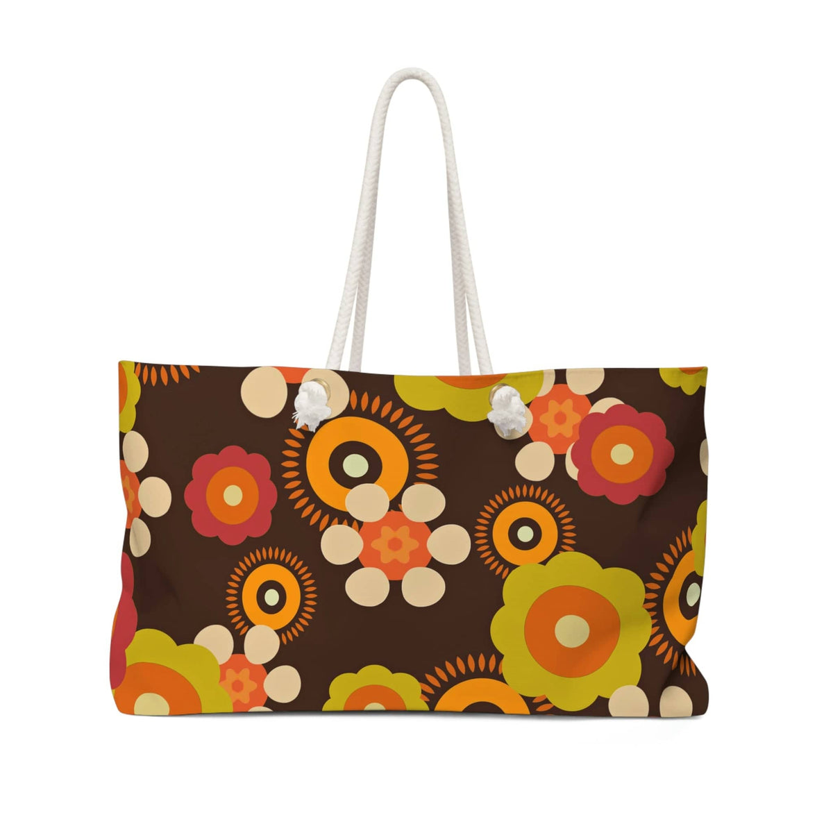 Hippie Beach Bag, Hipster Style Retro Groovy 70's Flower Power, Brown, Orange, Green, Hipster Style Fun Colorful Travel Weekender Bag Bags 24" × 13"
