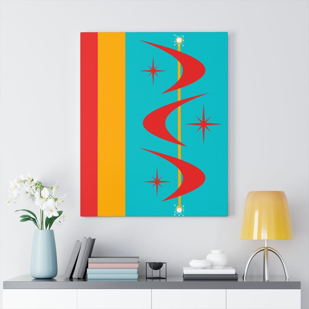 Atomic Boomerang Retro Red, Aqua Blue, Mustard Yellow Mid Century Modern Retro Wall Art Canvas 24″ × 30″ / Premium Gallery Wraps (1.25″)