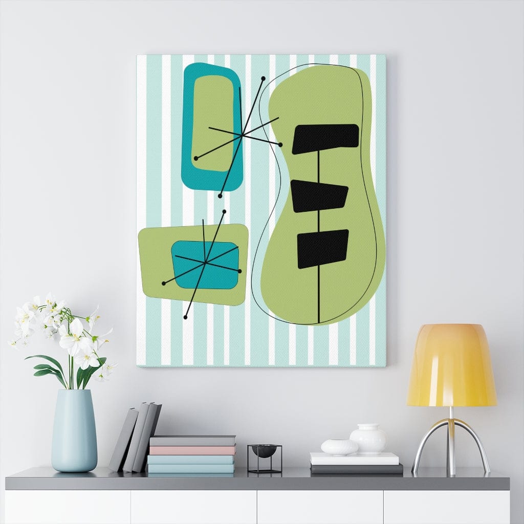 Mid Mod Atomic Age, Aqua Blue, Green, Black, Abstract, Geometric, Retro MCM Wall Canvas Art Canvas 24″ × 30″ / Premium Gallery Wraps (1.25″)