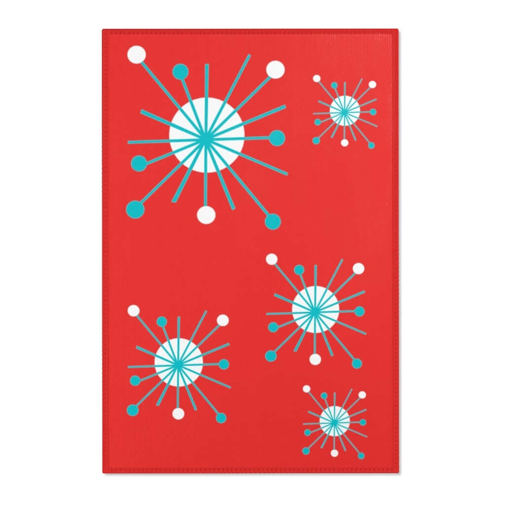 Atomic Astro Starburst Retro Red, Mid Century Modern Red, Aqua, White Atomic Age Area Rugs Home Decor 24" × 36"