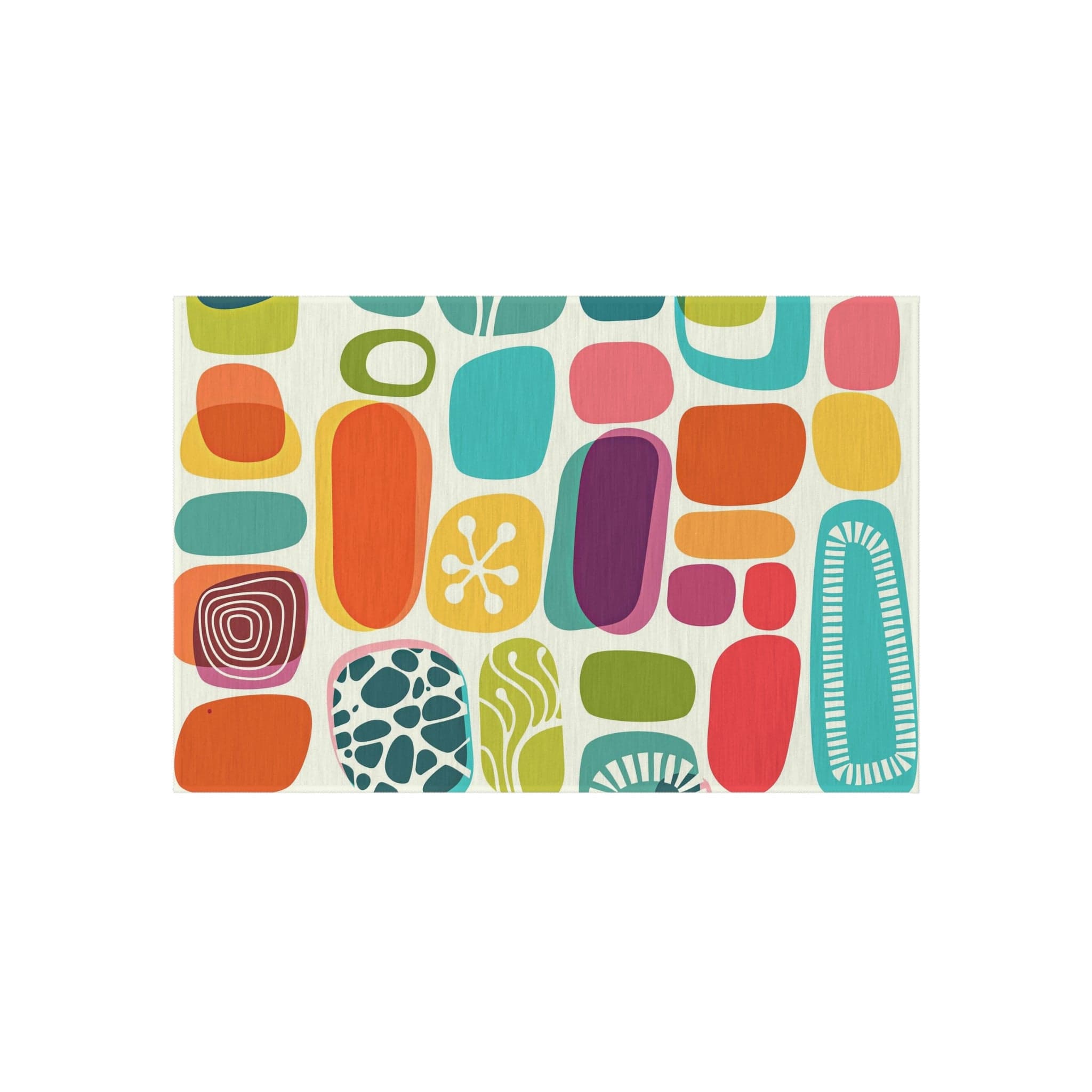 Mid Century Modern, Abstract, Geometric Mod Amoeba, Retro, Indoor Polyester, Orange, Purple, Aqua, Mustard Yellow Outdoor Rug Home Decor 24" × 36"