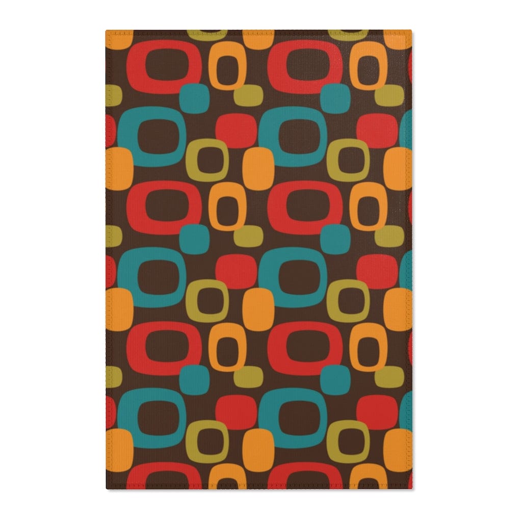 Retro Chocolate Brown Geometric Groovy Teal Blue, Green, Yellow, Burnt Orange, Mid Century Modern Area Rugs Home Decor 24" × 36"
