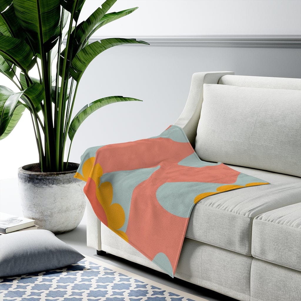Mid Mod, Flower Power, Abstract Coral, Blue THIN MCM Velveteen Plush Blanket All Over Prints 30" × 40"
