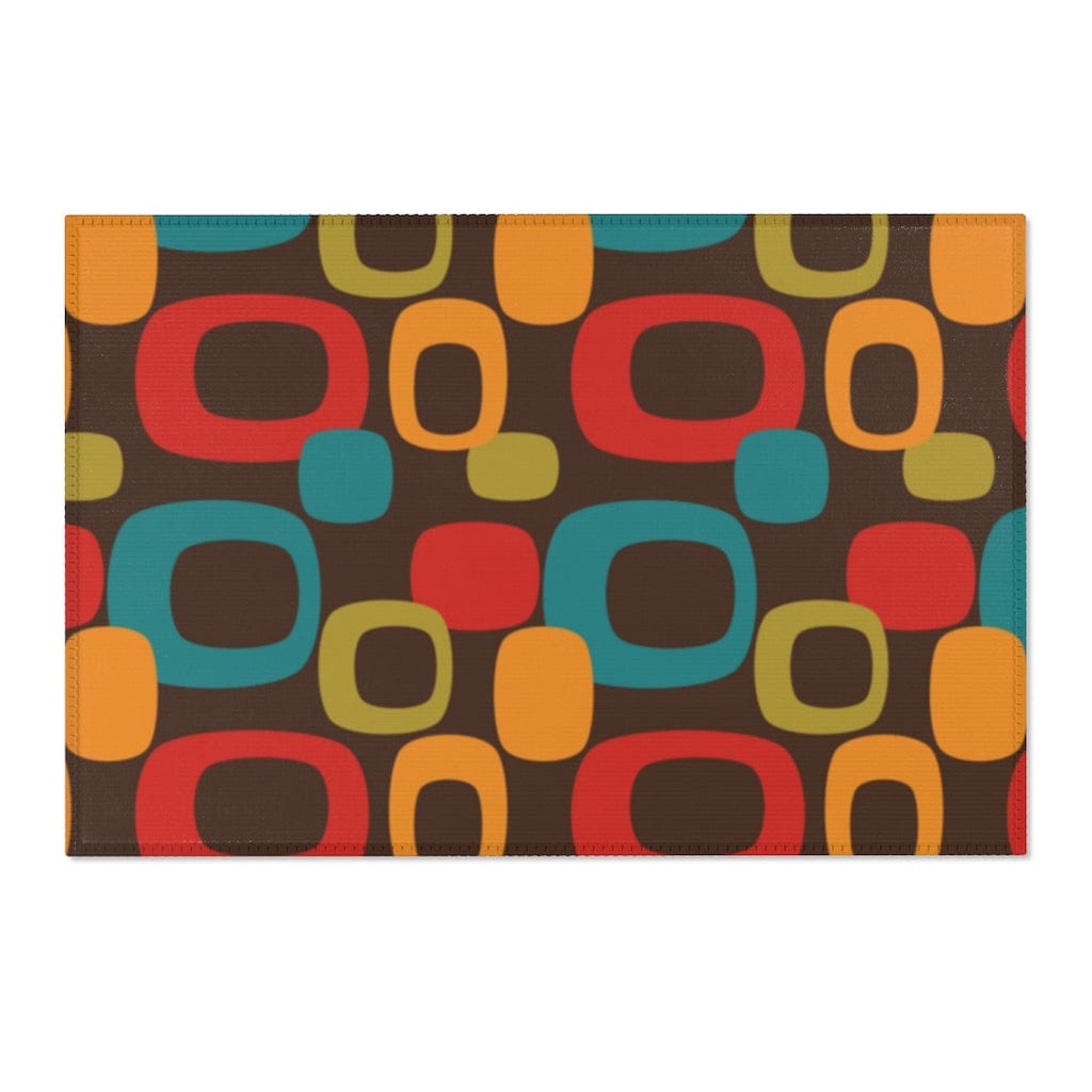 Retro Chocolate Brown Geometric Groovy Teal Blue, Green, Yellow, Burnt Orange, Mid Century Modern Area Rugs Home Decor 36" × 24"