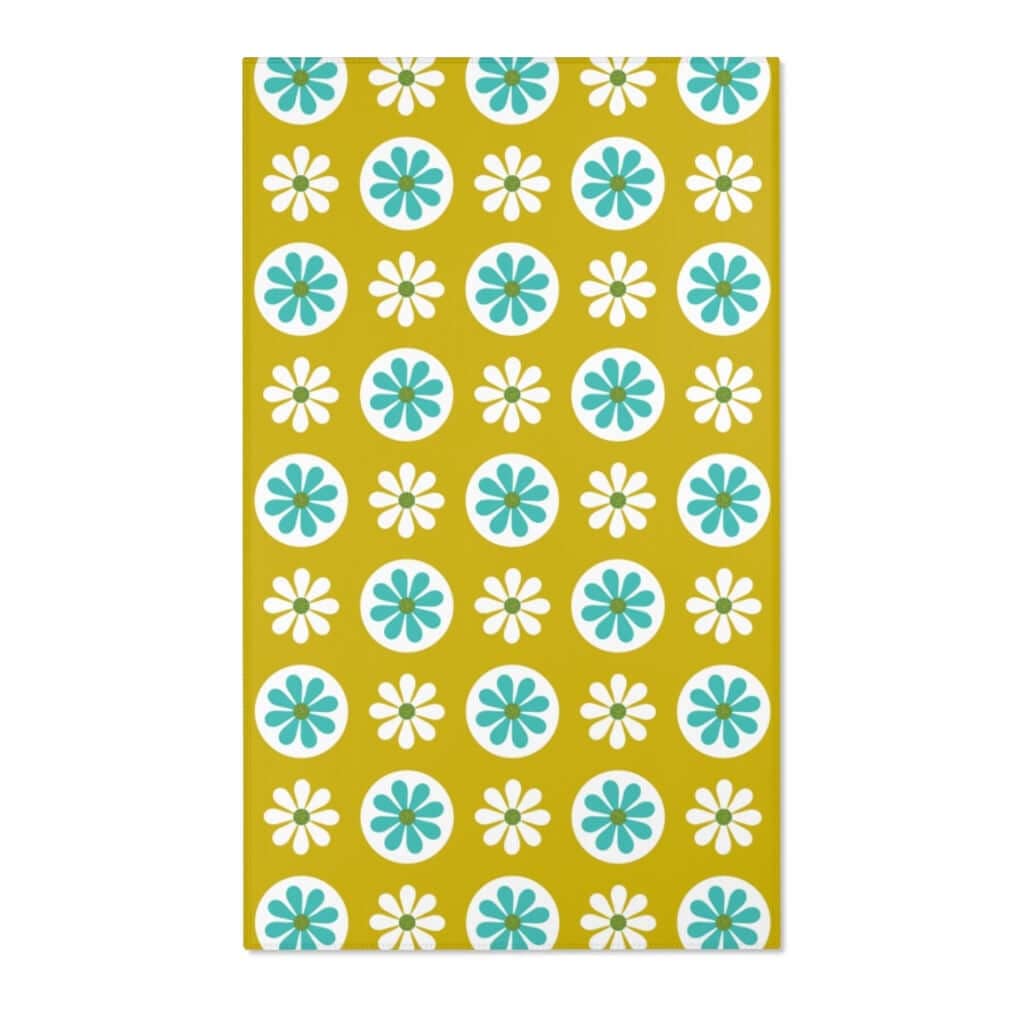 70's Mod Daisy Retro Floral White, Turquoise Blue, Lime Green Mid Century Area Rugs Home Decor 36" × 60"