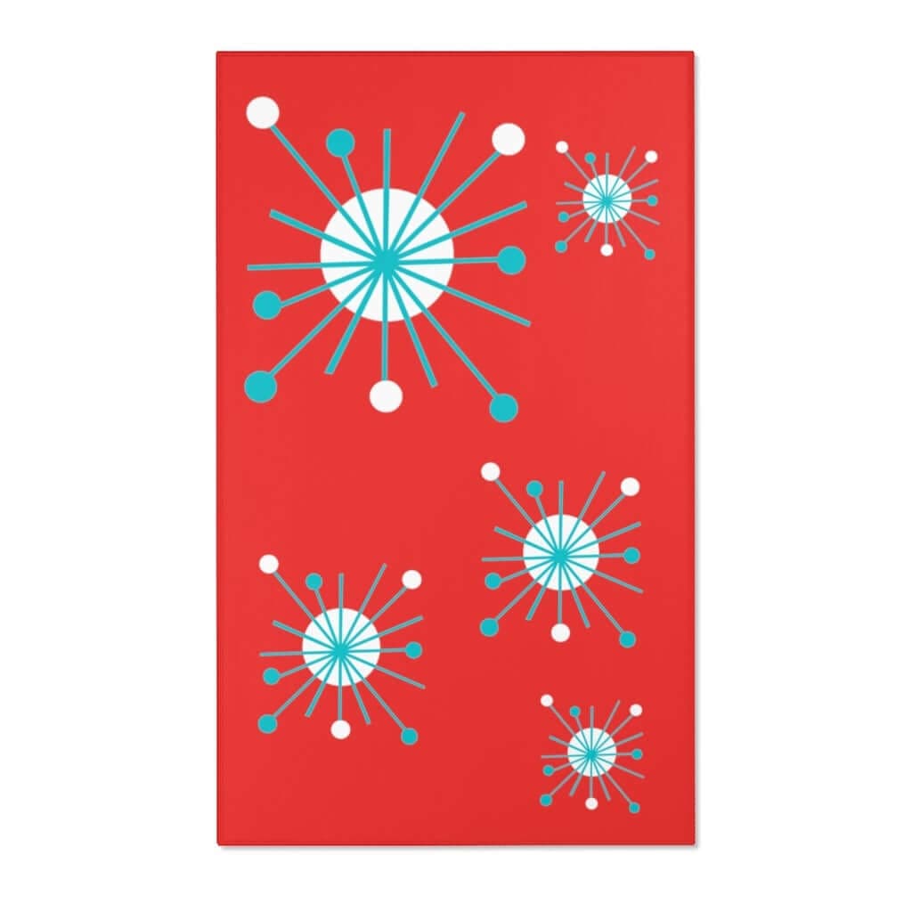 Atomic Astro Starburst Retro Red, Mid Century Modern Red, Aqua, White Atomic Age Area Rugs Home Decor 36" × 60"