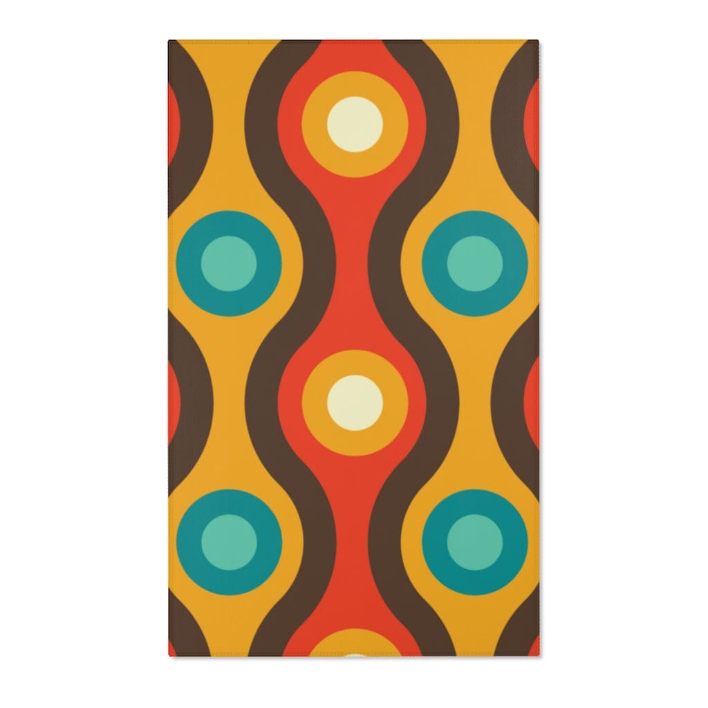 Mid Century Modern Retro Rug, Chocolate Brown, Turquoise Blue, Mustard Yellow Groovy Hipster 1970&