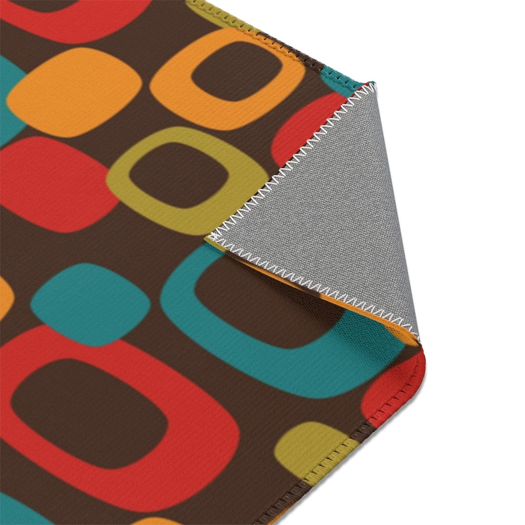 Retro Chocolate Brown Geometric Groovy Teal Blue, Green, Yellow, Burnt Orange, Mid Century Modern Area Rugs Home Decor 36" × 60"