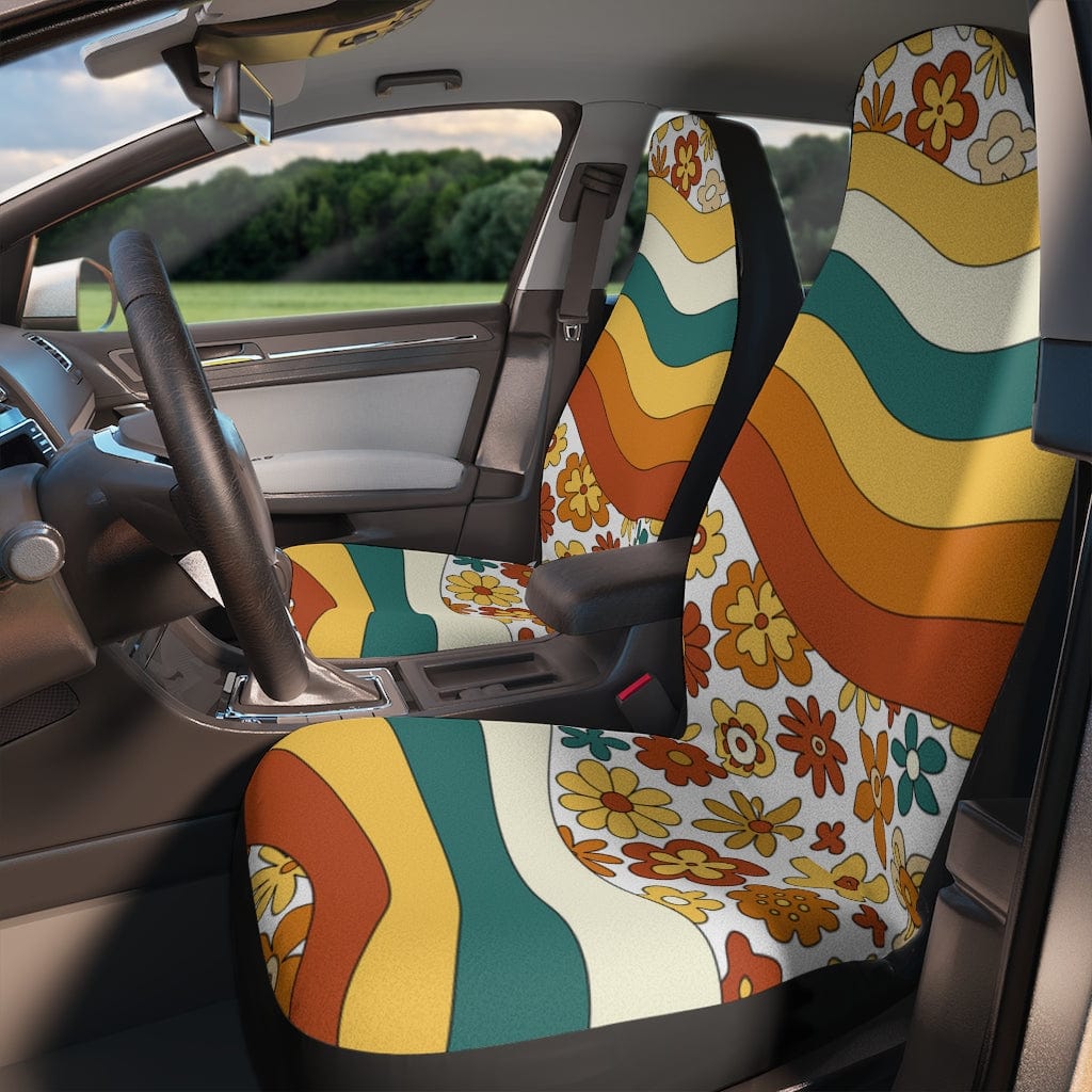 70's Groovy, Mid Mod, Flower Power, Brown, Cream Beige, Teal, Retro Car Seat Covers All Over Prints 48.03" × 18.50" / Black