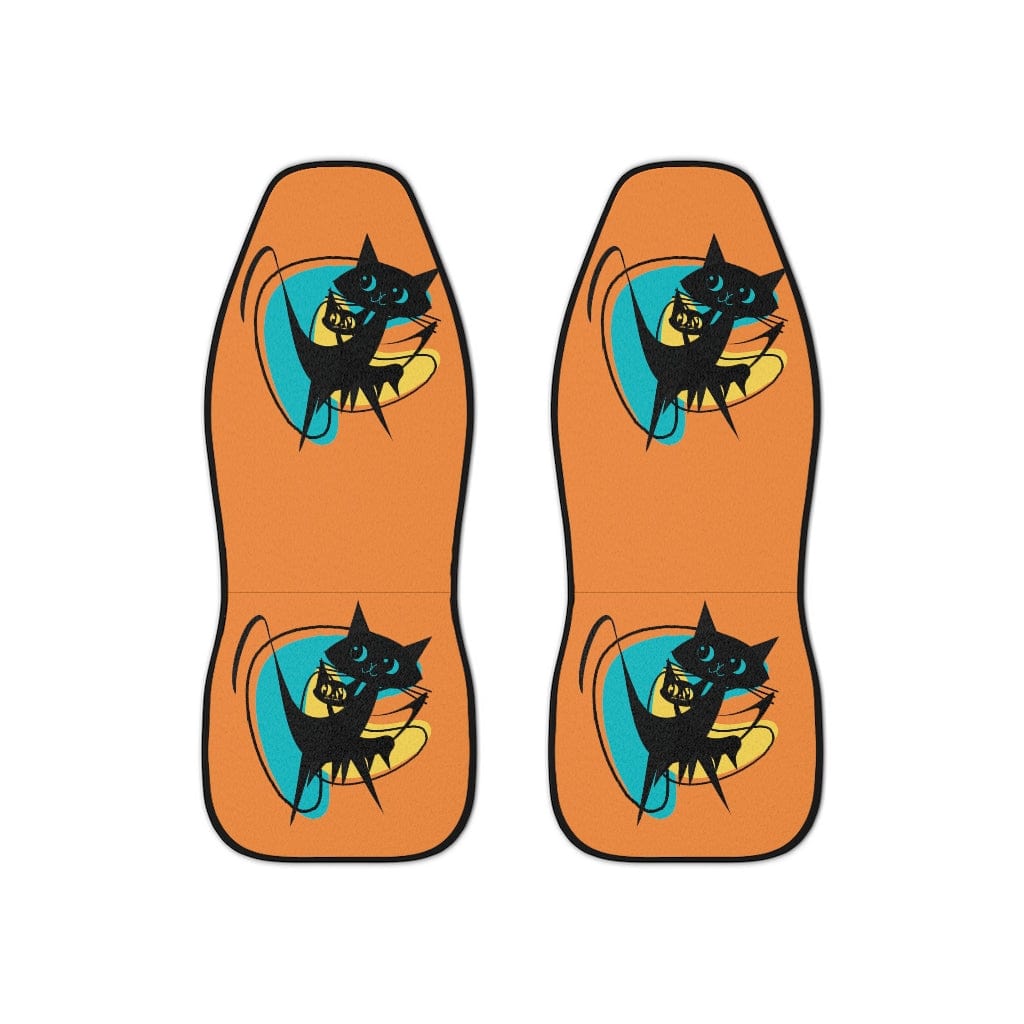 Atomic Cat, Cool Cats, Retro Car Seat Covers, Orange, Teal, Black, Mid Mod Boomerang All Over Prints 48.03" × 18.50" / Black
