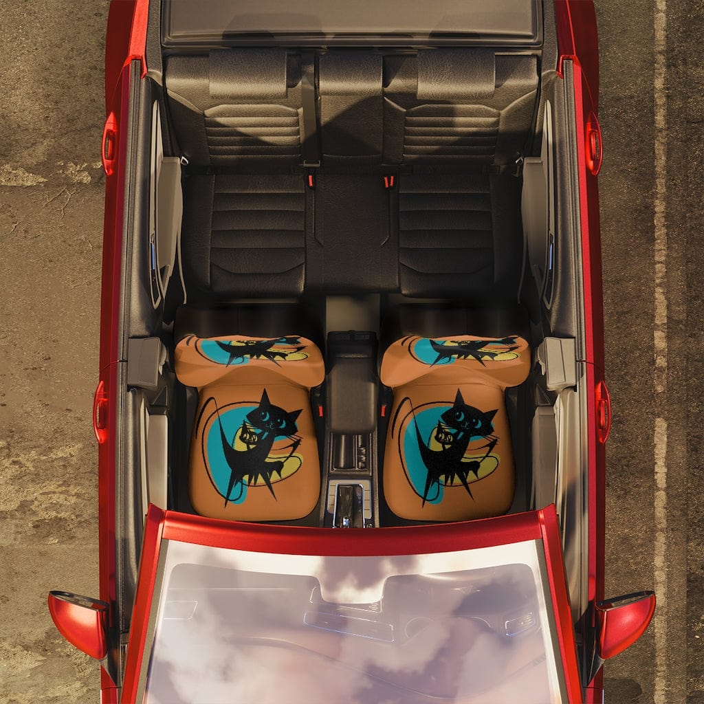 Atomic Cat, Cool Cats, Retro Car Seat Covers, Orange, Teal, Black, Mid Mod Boomerang All Over Prints 48.03" × 18.50" / Black