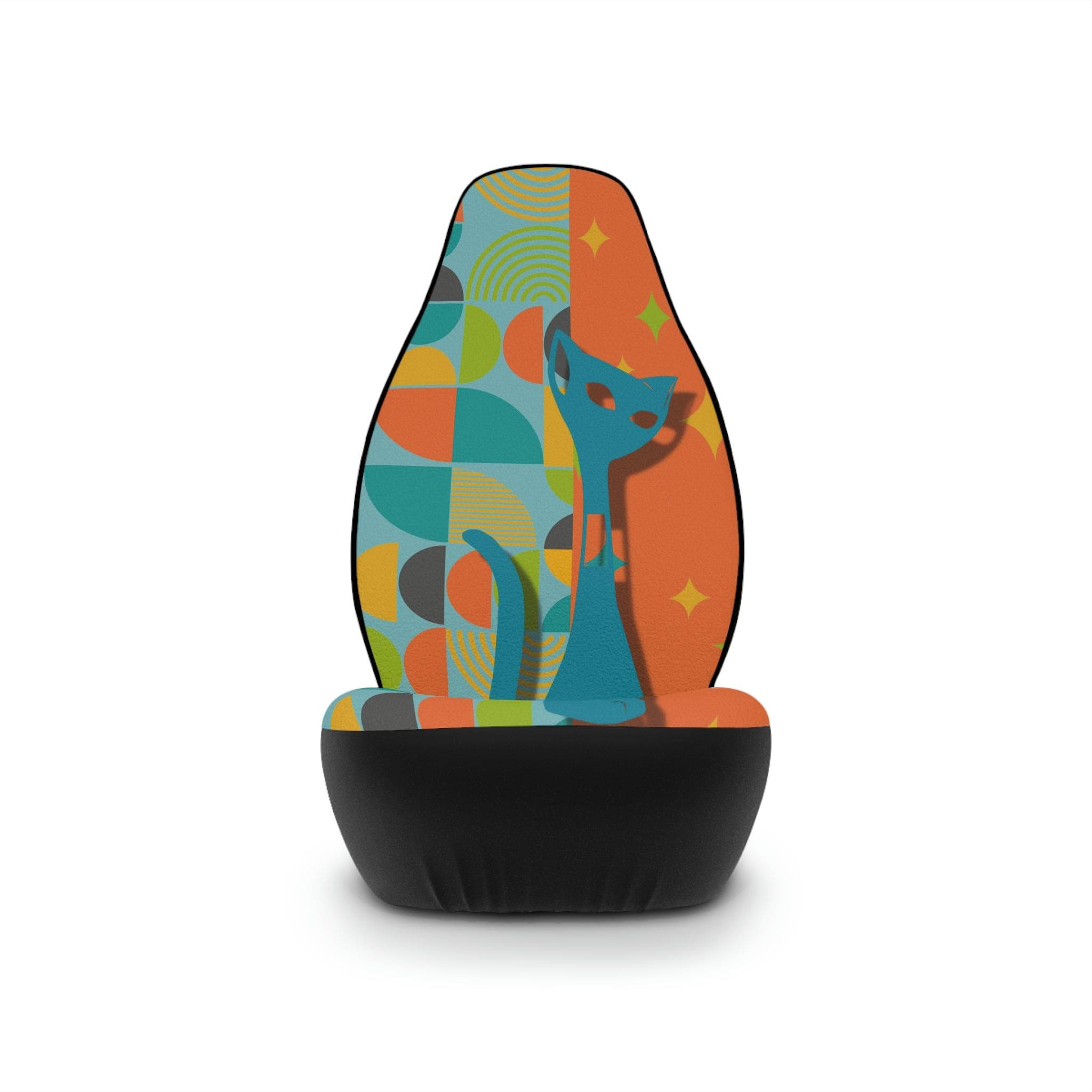 Atomic Cat, Mid Century Modern, Orange, Teal, Starburst, Retro, Fun, Bold, Beautiful Hipster Mod Car Seat Covers All Over Prints 48.03" × 18.50" / Black