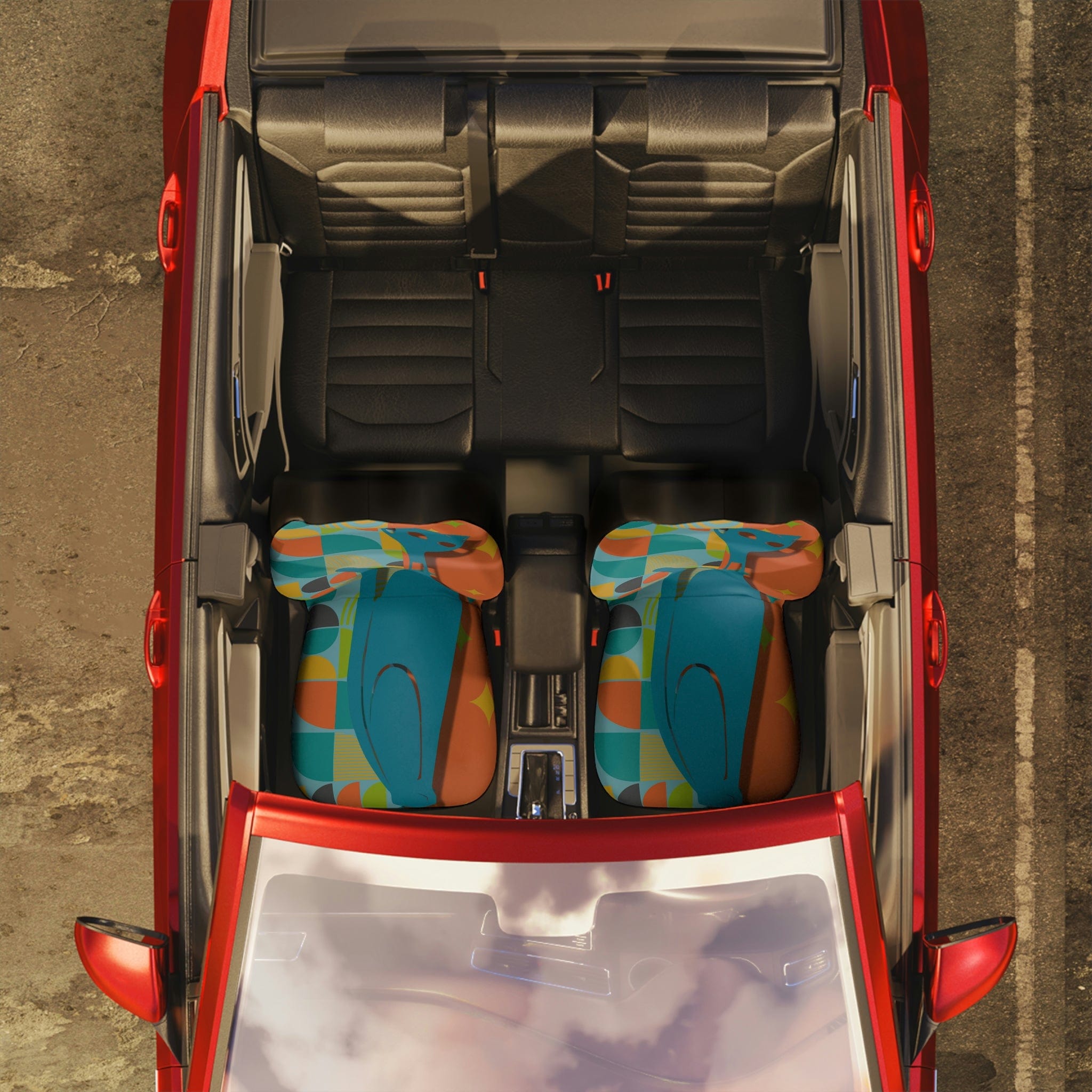 Atomic Cat, Mid Century Modern, Orange, Teal, Starburst, Retro, Fun, Bold, Beautiful Hipster Mod Car Seat Covers All Over Prints 48.03" × 18.50" / Black