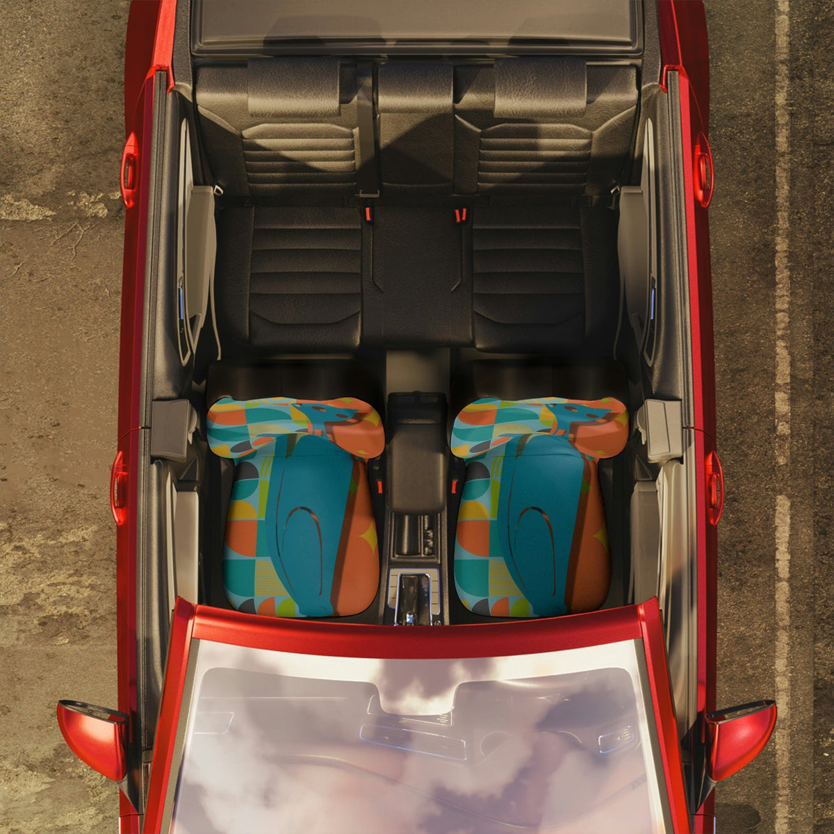 Atomic Cat, Mid Century Modern, Orange, Teal, Starburst, Retro, Fun, Bold, Beautiful Hipster Mod Car Seat Covers All Over Prints 48.03" × 18.50" / Black