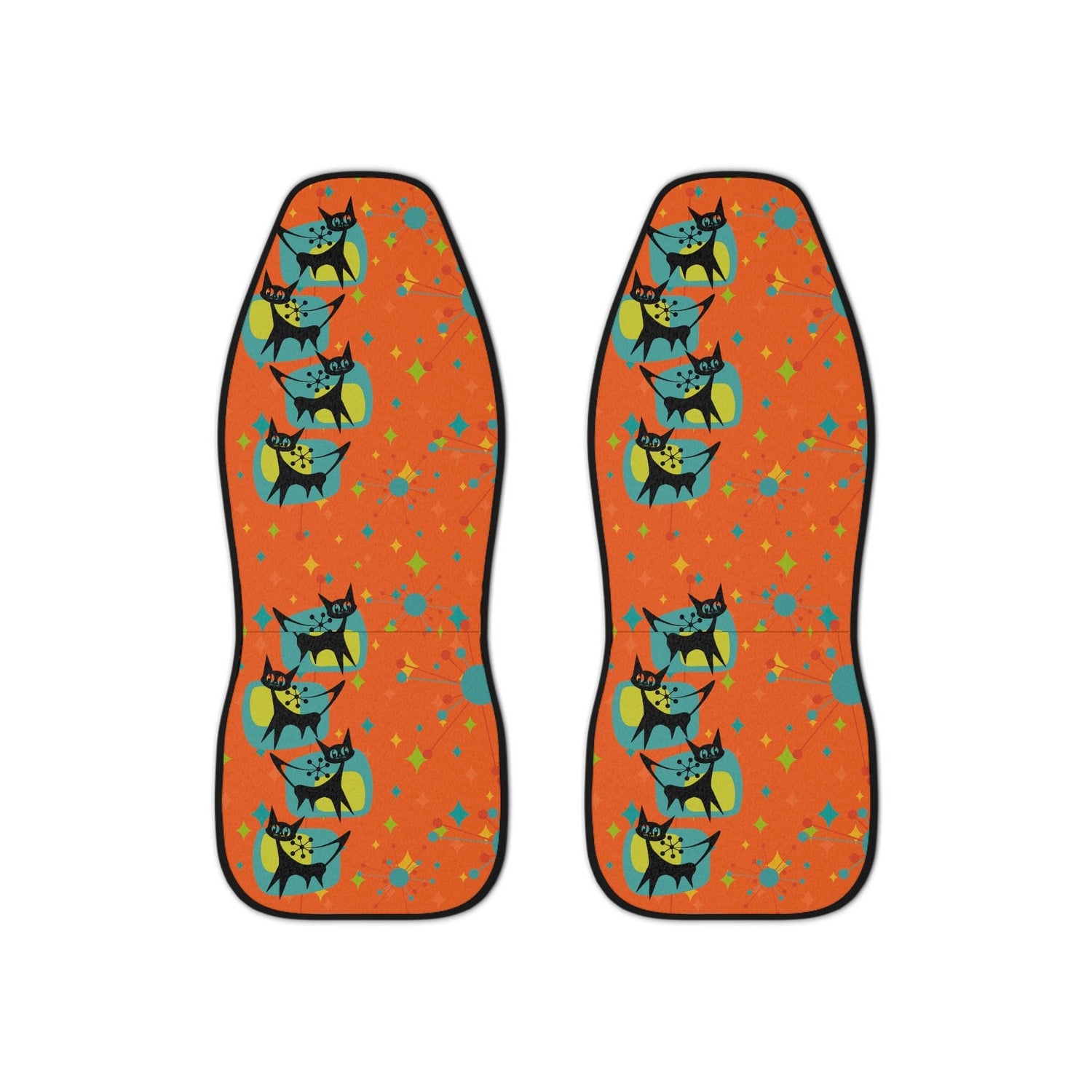 Crazy Cat Lady, Crazy Cat Mom, Kitschy Cute, Atomic Cat, Mid Century Modern Atomic Starburst, Orange, Teal, Yellow Retro Car Seat Covers All Over Prints 48.03" × 18.50" / Black