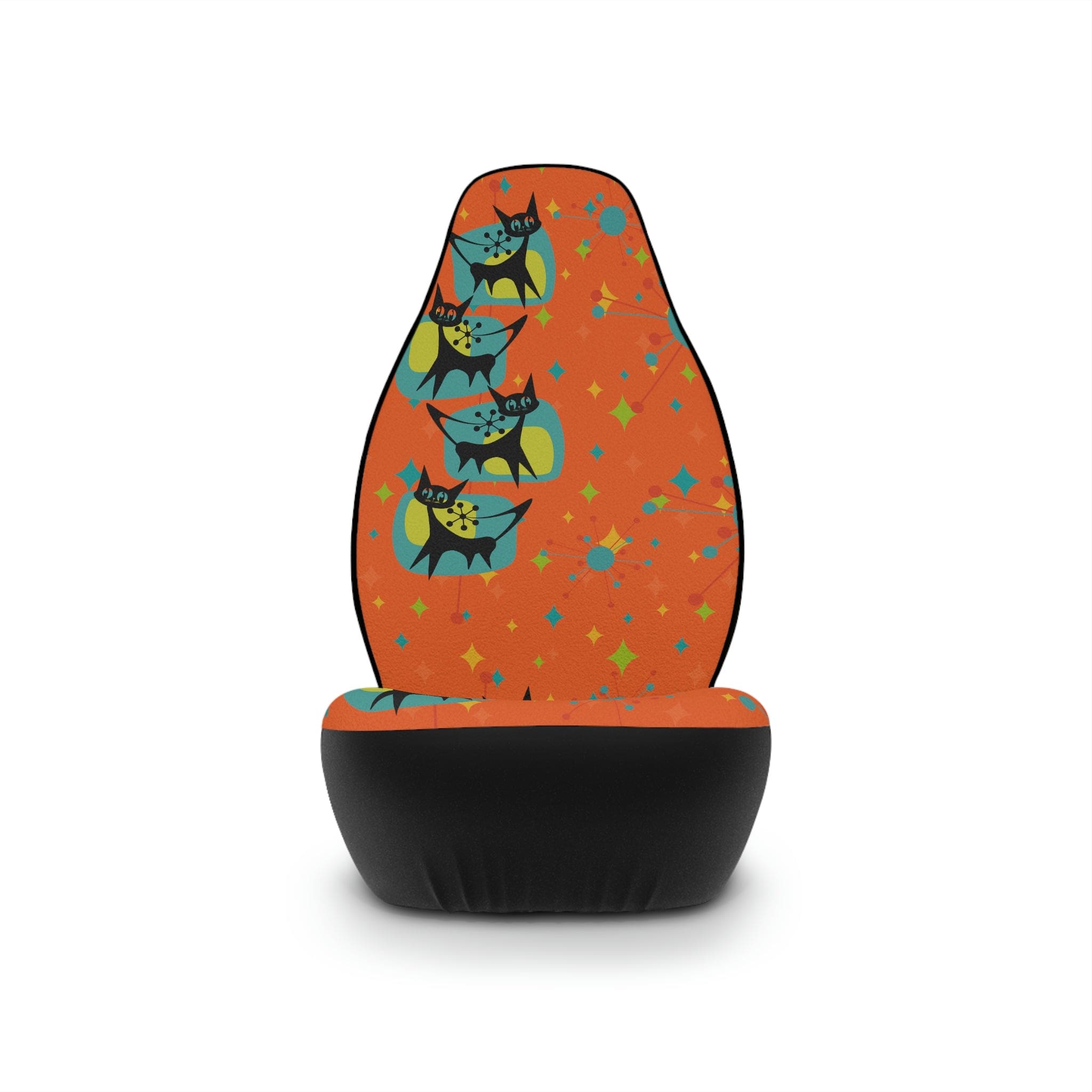 Crazy Cat Lady, Crazy Cat Mom, Kitschy Cute, Atomic Cat, Mid Century Modern Atomic Starburst, Orange, Teal, Yellow Retro Car Seat Covers All Over Prints 48.03" × 18.50" / Black