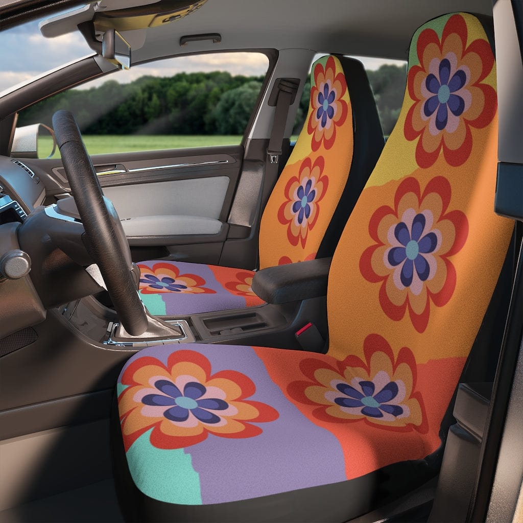 Hippie 70's Retro Rainbow, Mod Flower Power, Pink, Purple, Orange, Red Mid Mod Car Seat Covers All Over Prints 48.03" × 18.50" / Black