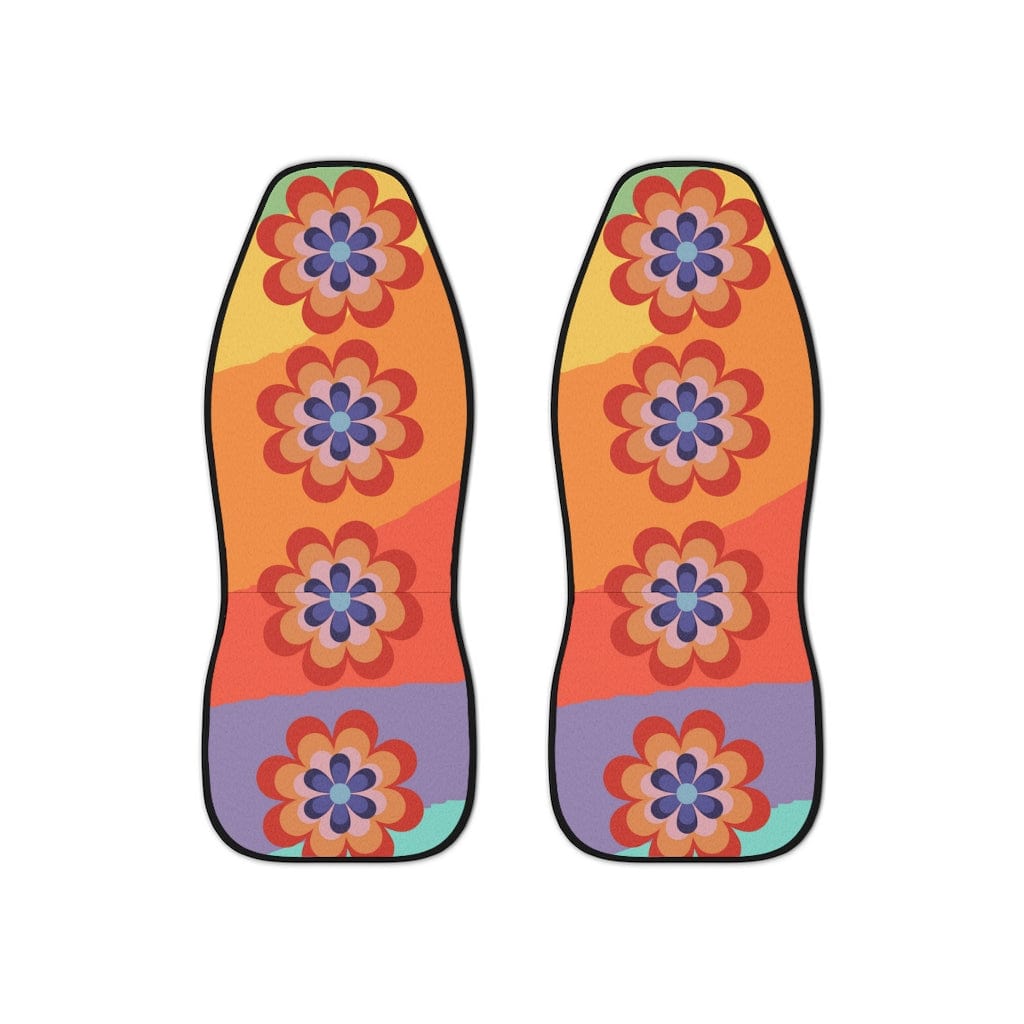 Hippie 70's Retro Rainbow, Mod Flower Power, Pink, Purple, Orange, Red Mid Mod Car Seat Covers All Over Prints 48.03" × 18.50" / Black
